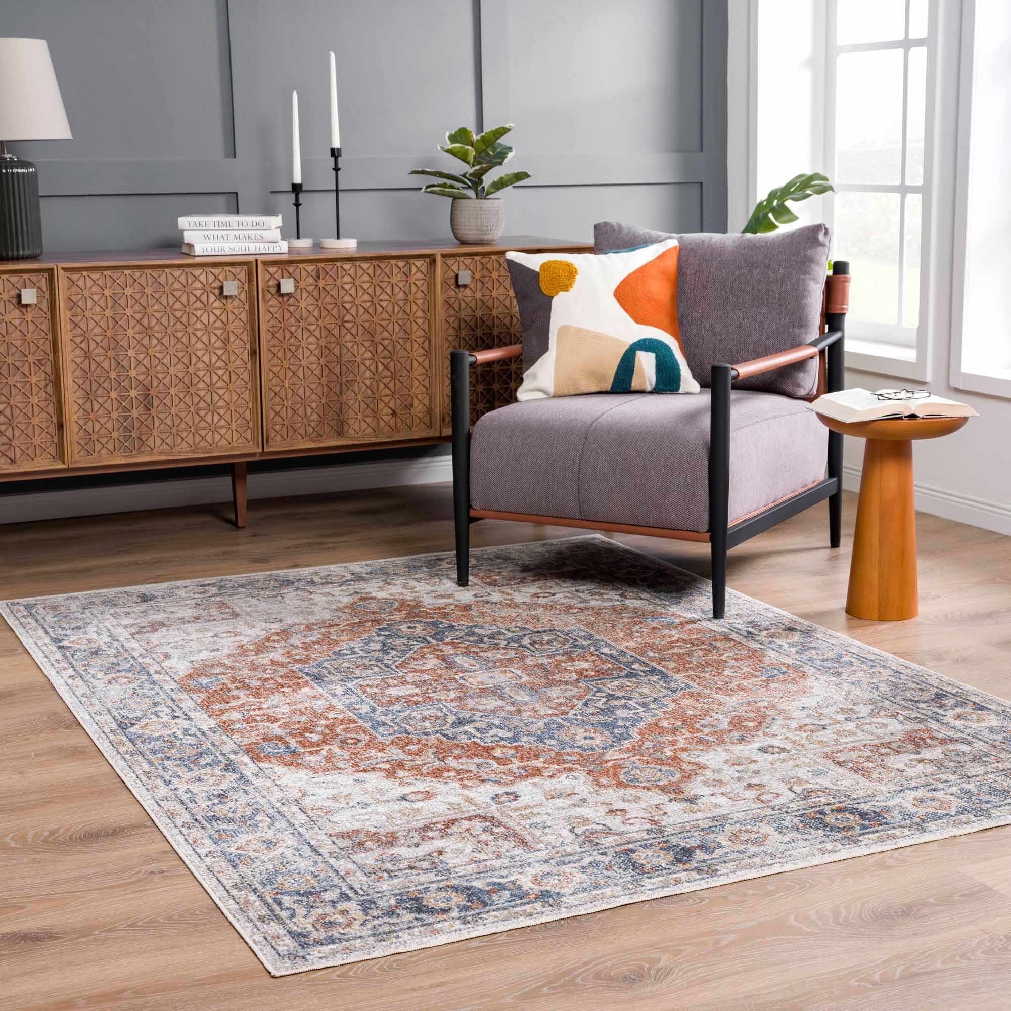 Akram Gray & Orange Washable Area Rug - Decor Addict, LLC