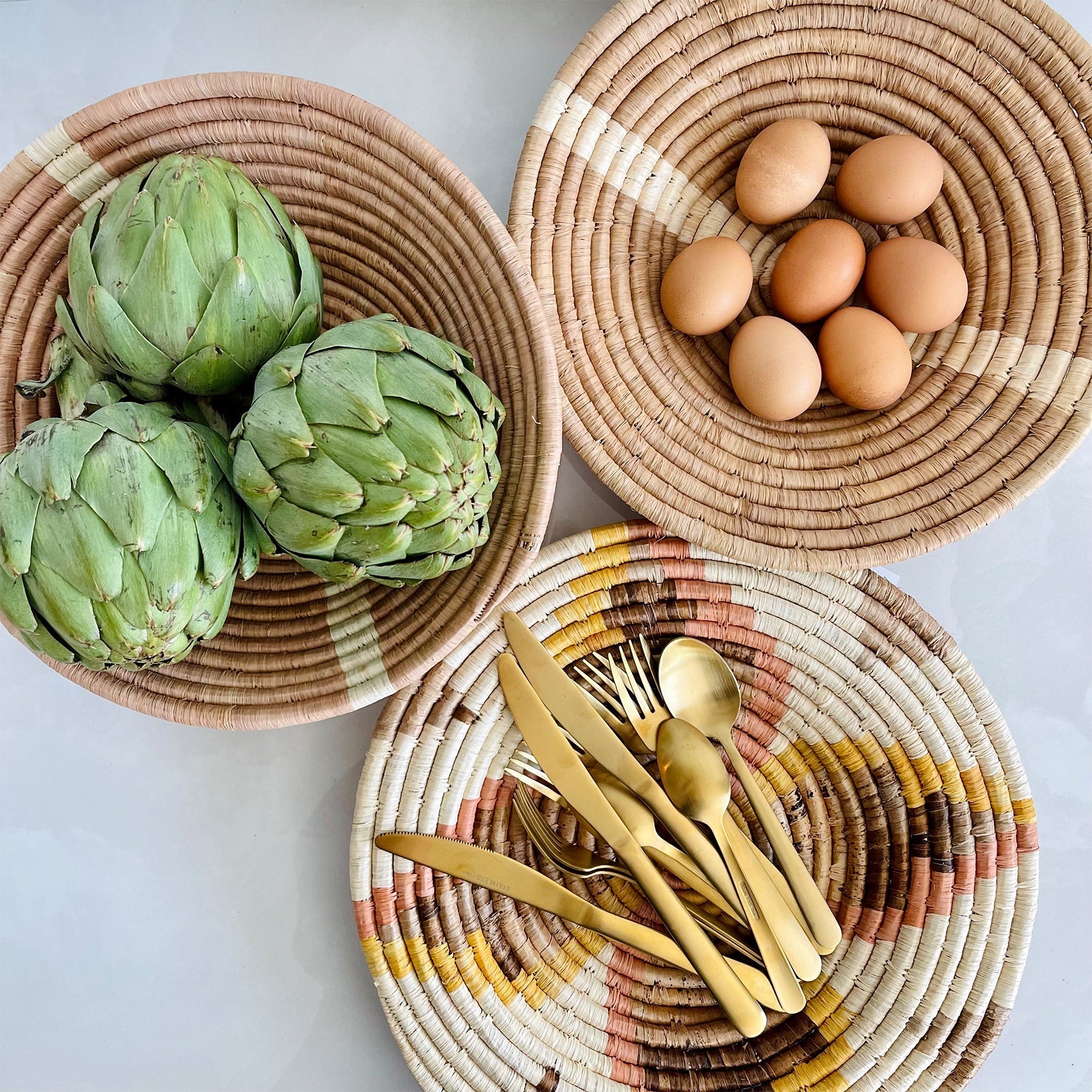 12" Large Tan Striped Round Basket - Decor Addict, LLC