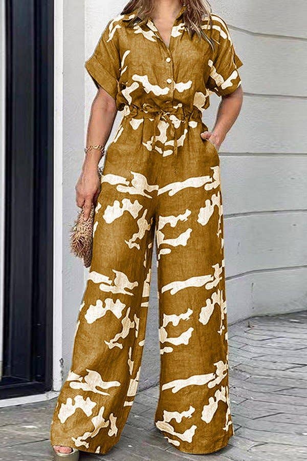 Short Sleeve Belted Wide Leg Jumpsuit: Apricot / 3XL - Decor Addict, LLC