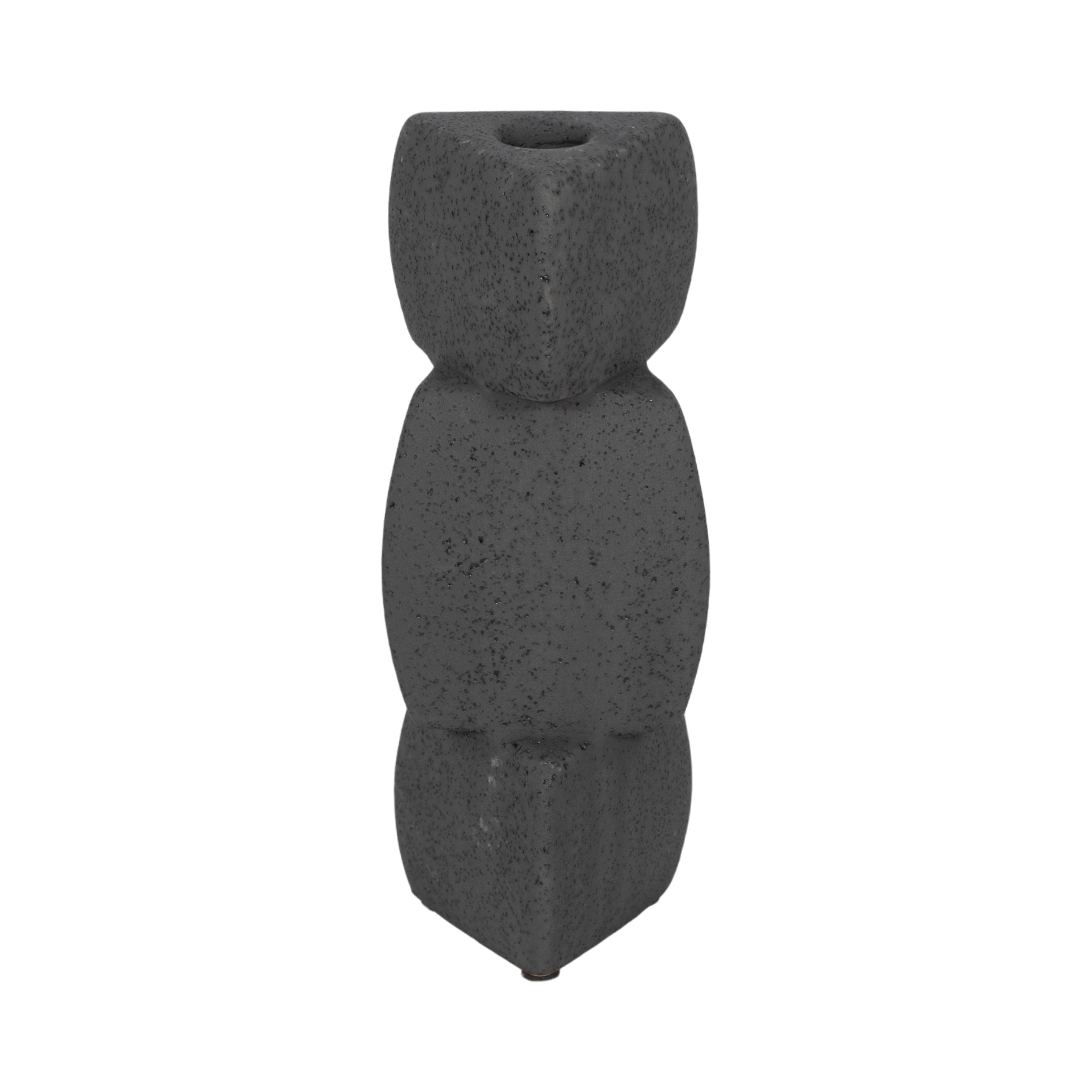 Black 9 in. Ceramic Stacked Objects Sand Glaze Taper Holder - Decor Addict, LLC