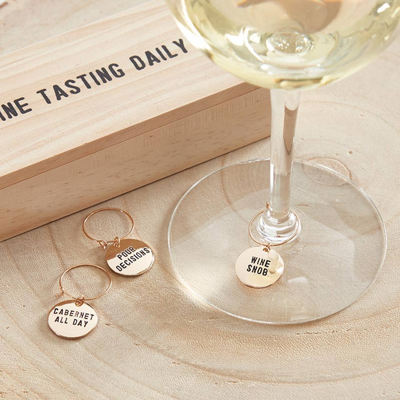 Gold Wine Charms in Pine Box - Wine Tasting Daily: Spot Clean Only / Wood, Stainless Steel, Zinc Alloy - Decor Addict, LLC