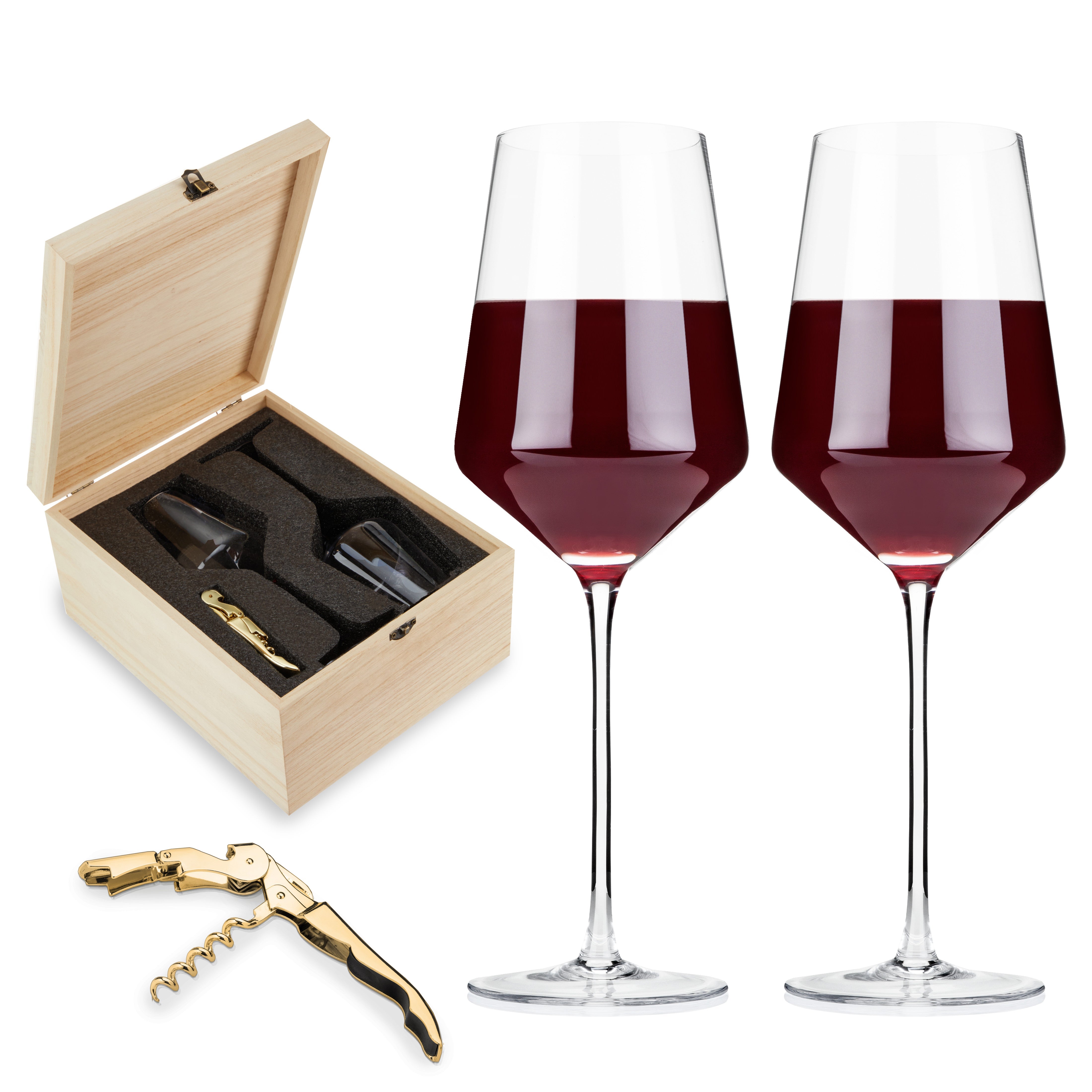 Crystal Bordeaux Glasses & Gold Corkscrew Gift Box Set - Decor Addict, LLC