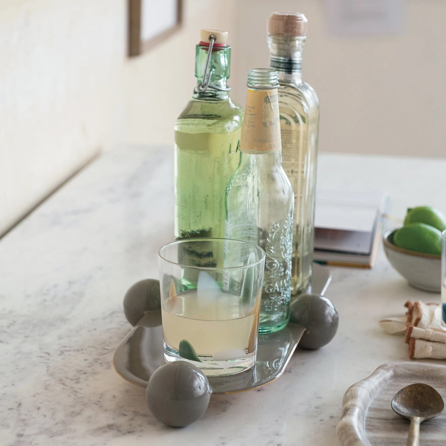 Enameled Metal Ball Footed Tray w/ Gold Finish Edge, Grey - Decor Addict, LLC