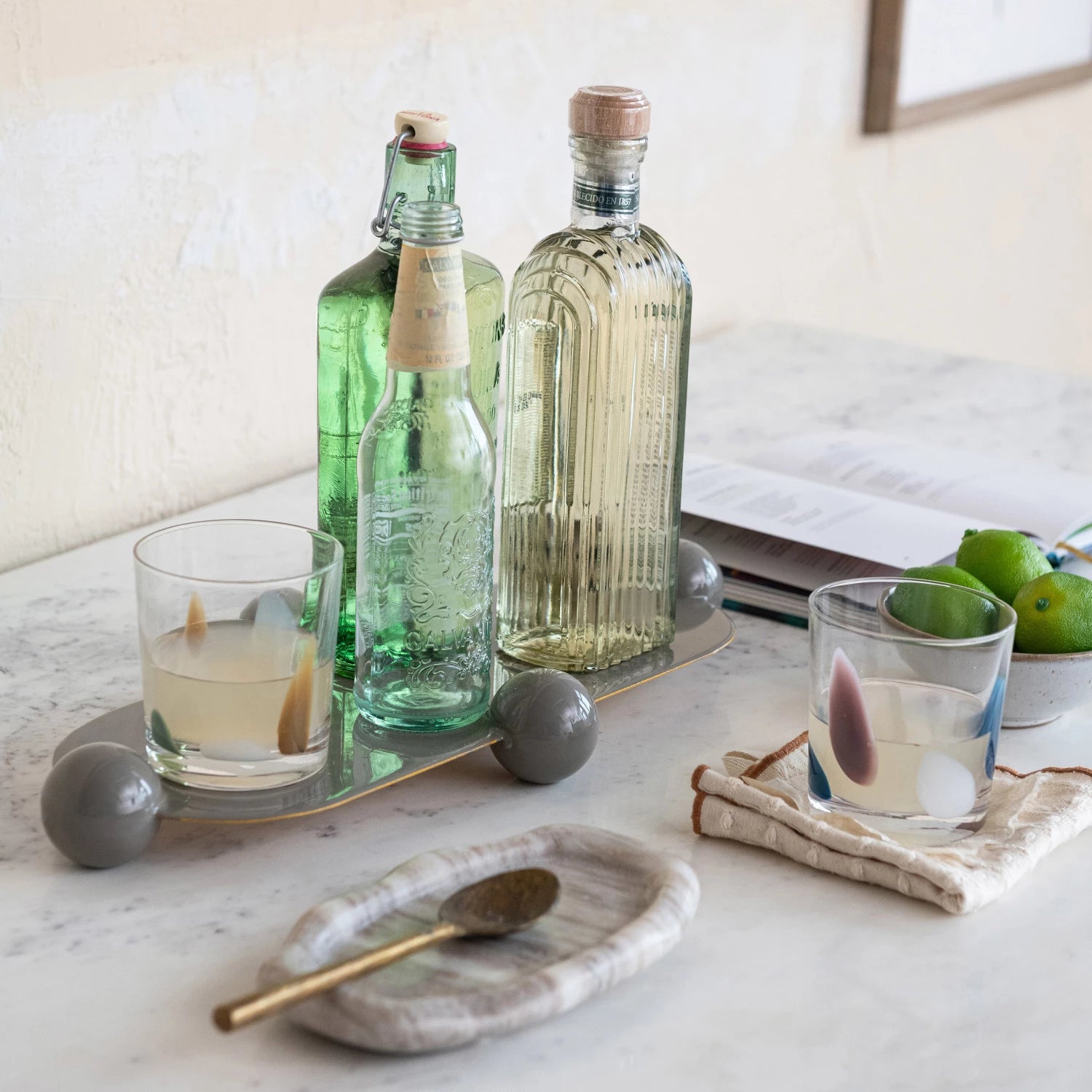 Enameled Metal Ball Footed Tray w/ Gold Finish Edge, Grey - Decor Addict, LLC