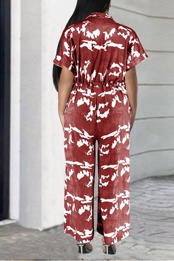 Short Sleeve Belted Wide Leg Jumpsuit: Apricot / 3XL - Decor Addict, LLC