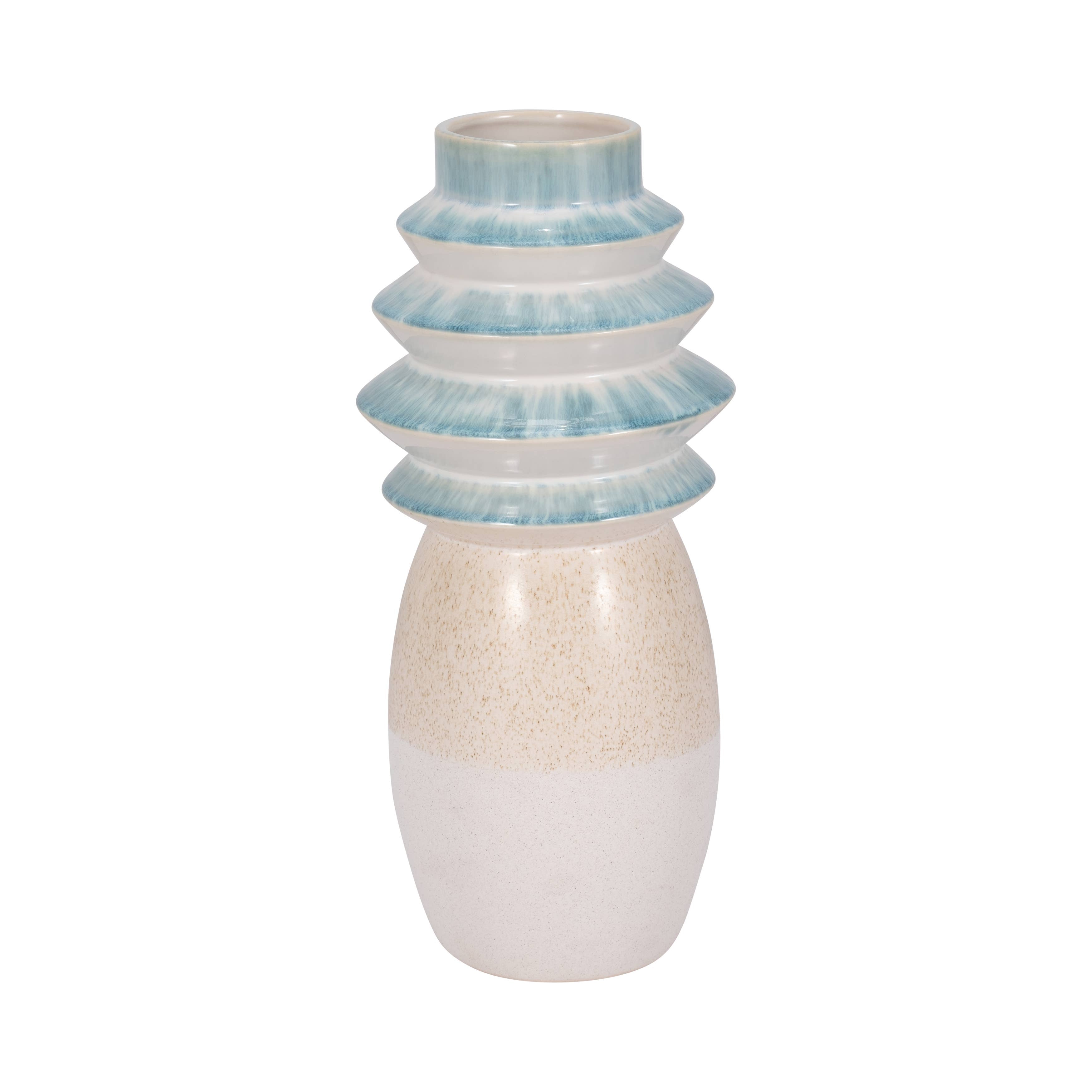 Ceramic Reactive Finish Fluted Top Vase - Blue, 15 in. - Decor Addict, LLC