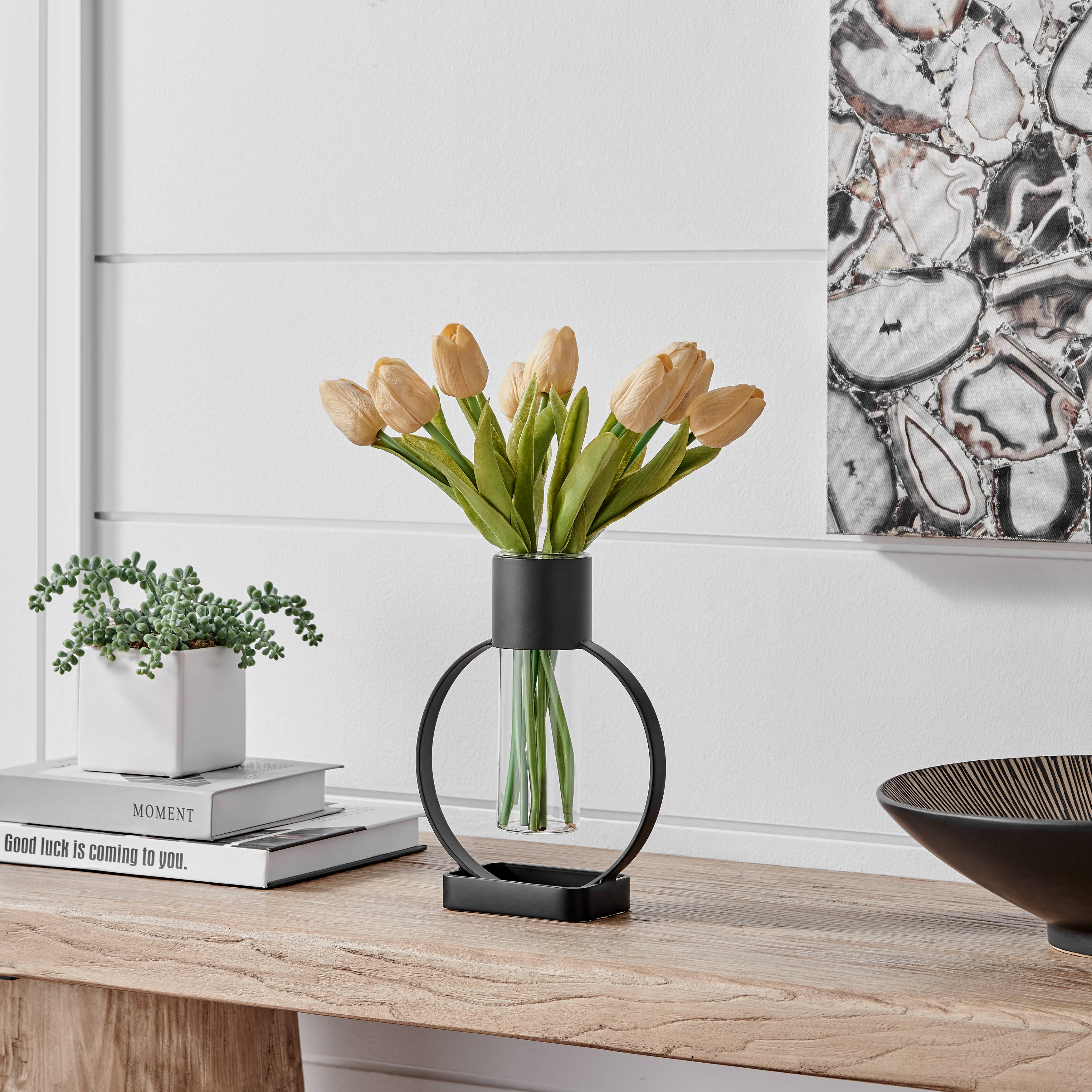 Jacob Modern Black Open Circle Clear Glass Tabletop Vase - Decor Addict, LLC