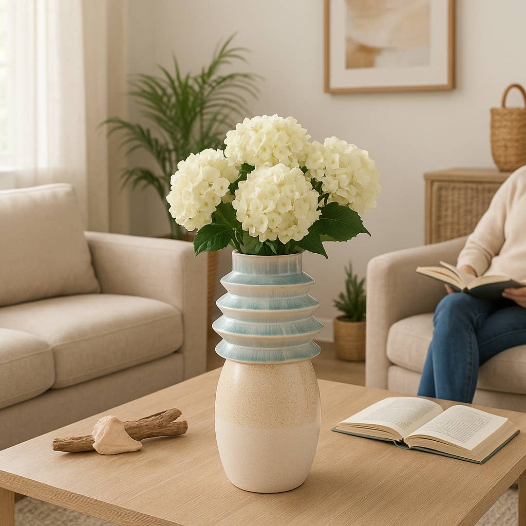 Ceramic Reactive Finish Fluted Top Vase - Blue, 15 in. - Decor Addict, LLC