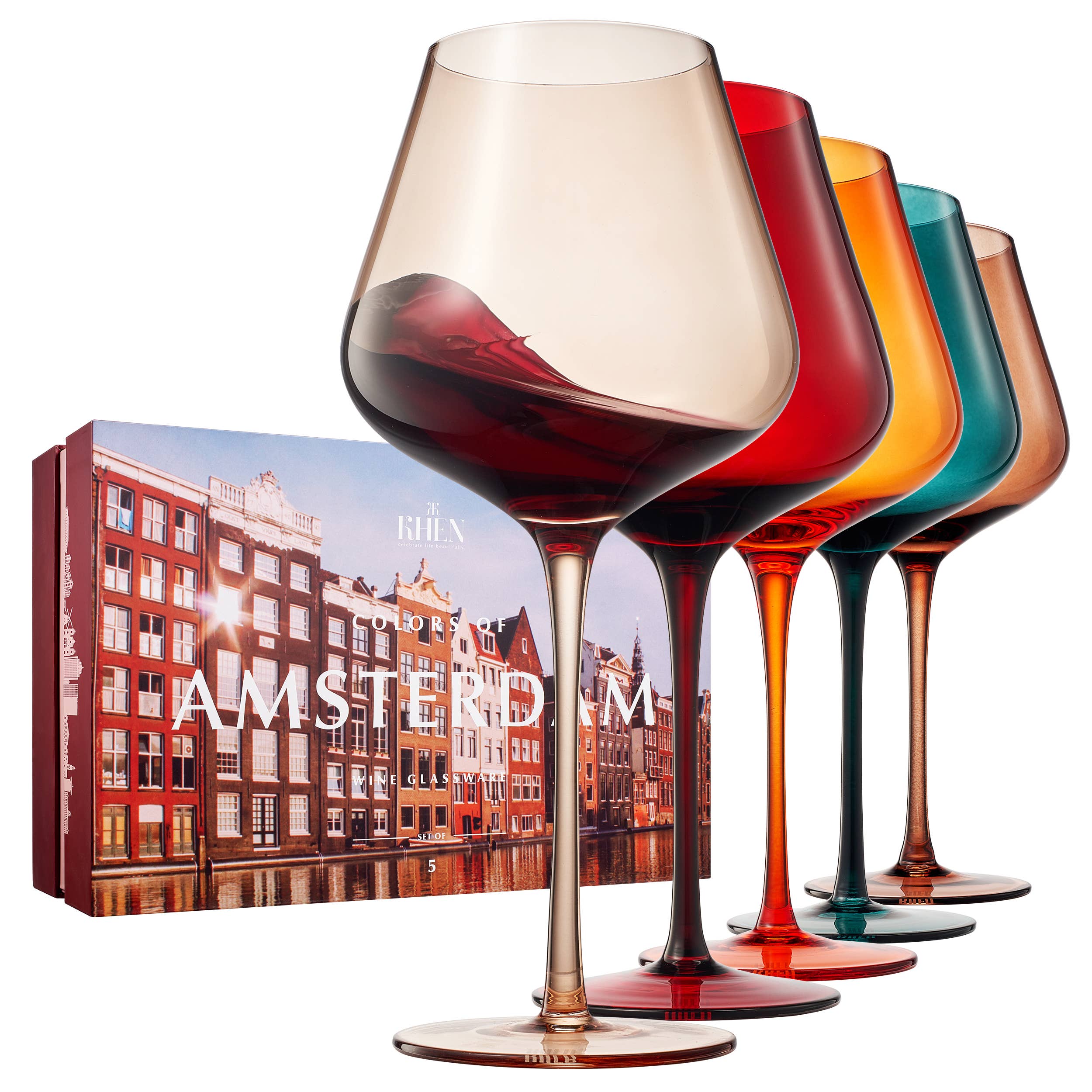 Colors of Amsterdam, City Wine Glassware | 5 Set, 20 OZ - Decor Addict, LLC