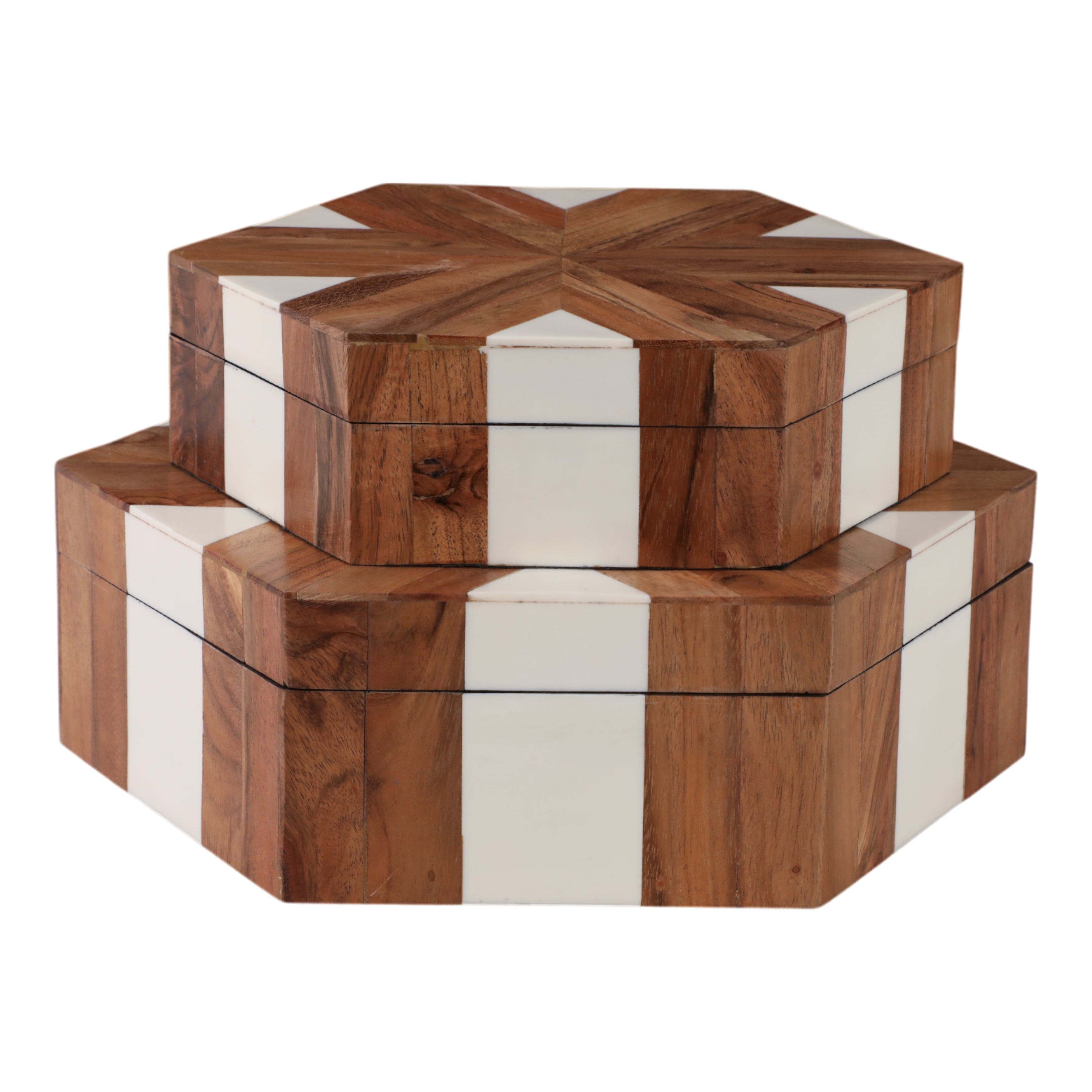 S/2 10/12" Wood Inlay Hexagon Boxes, Natural/white - Decor Addict, LLC