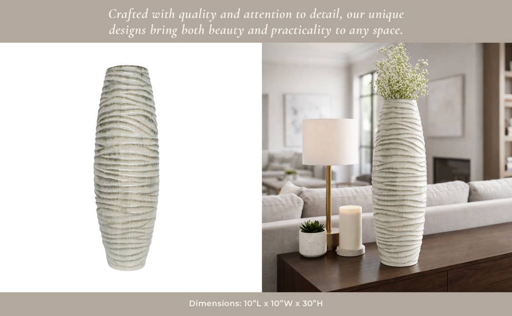 Decorative Vase - Gray Ceramic Ribbed Textured Design, 30 in - Decor Addict, LLC