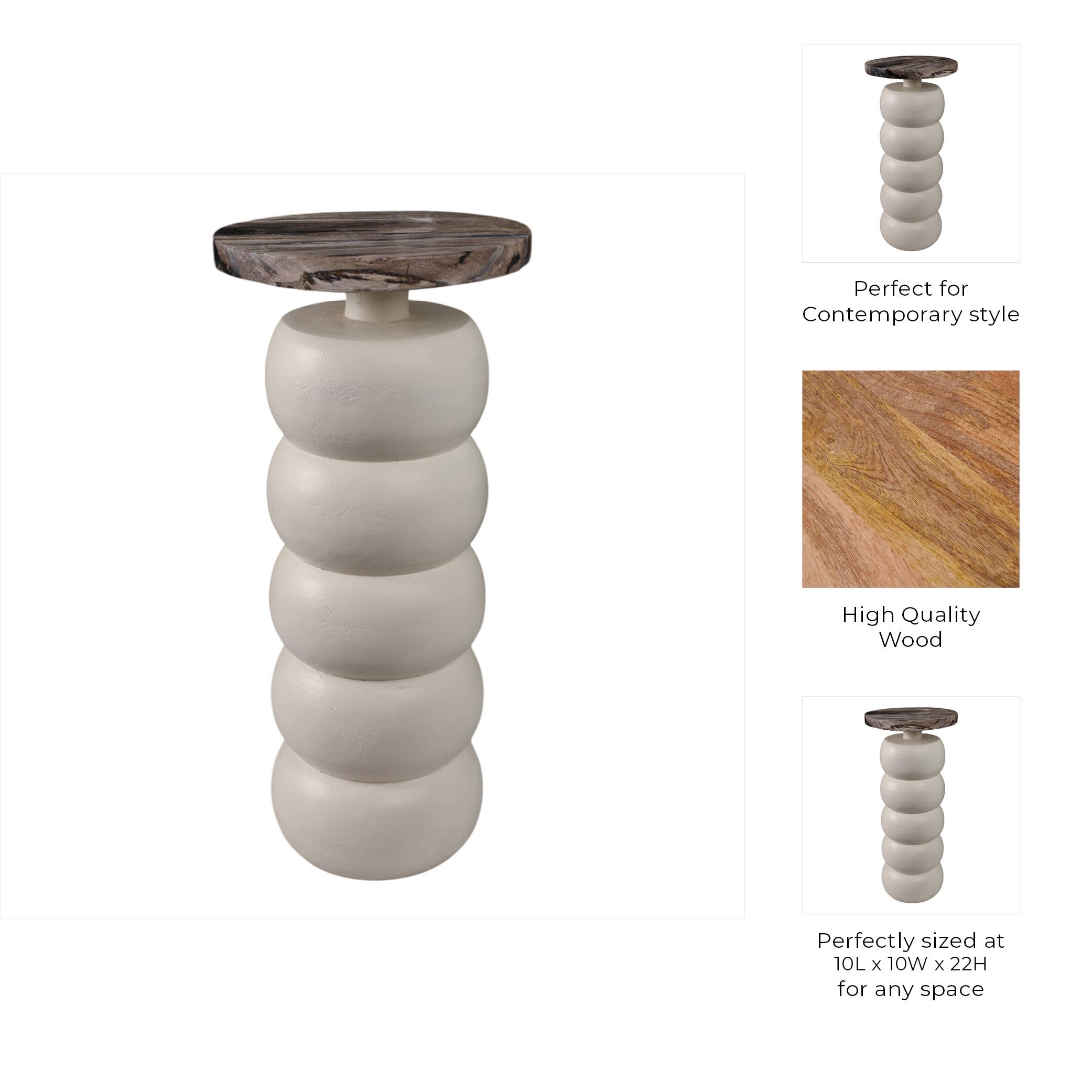 Wood Marble Top Stacked Ring End Table - White, 22 in. - Decor Addict, LLC