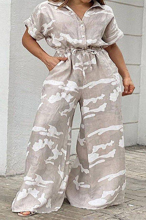 Short Sleeve Belted Wide Leg Jumpsuit: Army Green / 3XL - Decor Addict, LLC