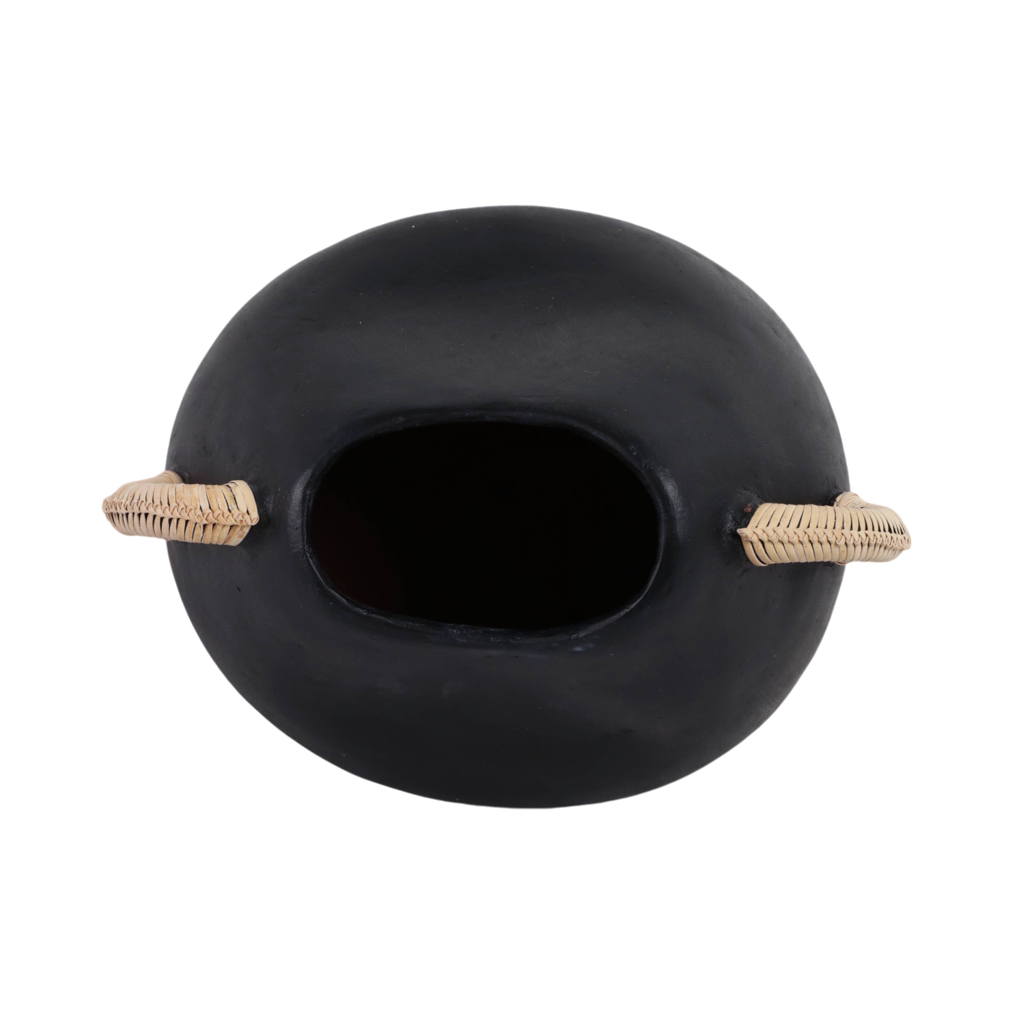 Black 10 in. Pottery Novelty Jug Vase with Rattan Handles - Decor Addict, LLC