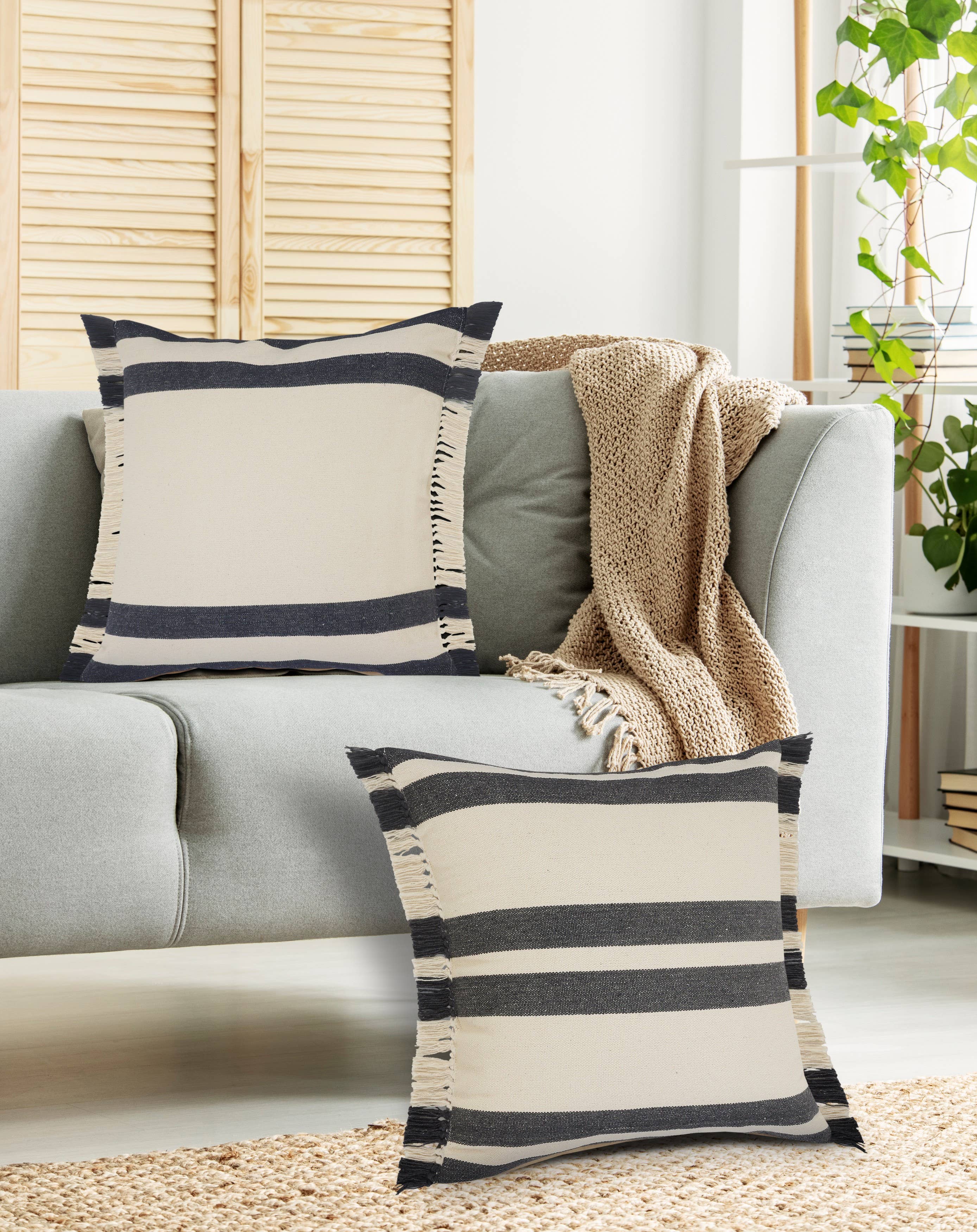 Double Blue Border Striped Throw Pillow with Fringe: Blue/White / 20" x 20" / Poly Filled - Decor Addict, LLC