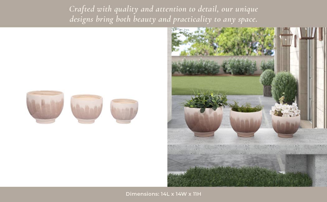 Planters Set of 3 - Tan Ceramic Round Design, 10/12/14 in. - Decor Addict, LLC
