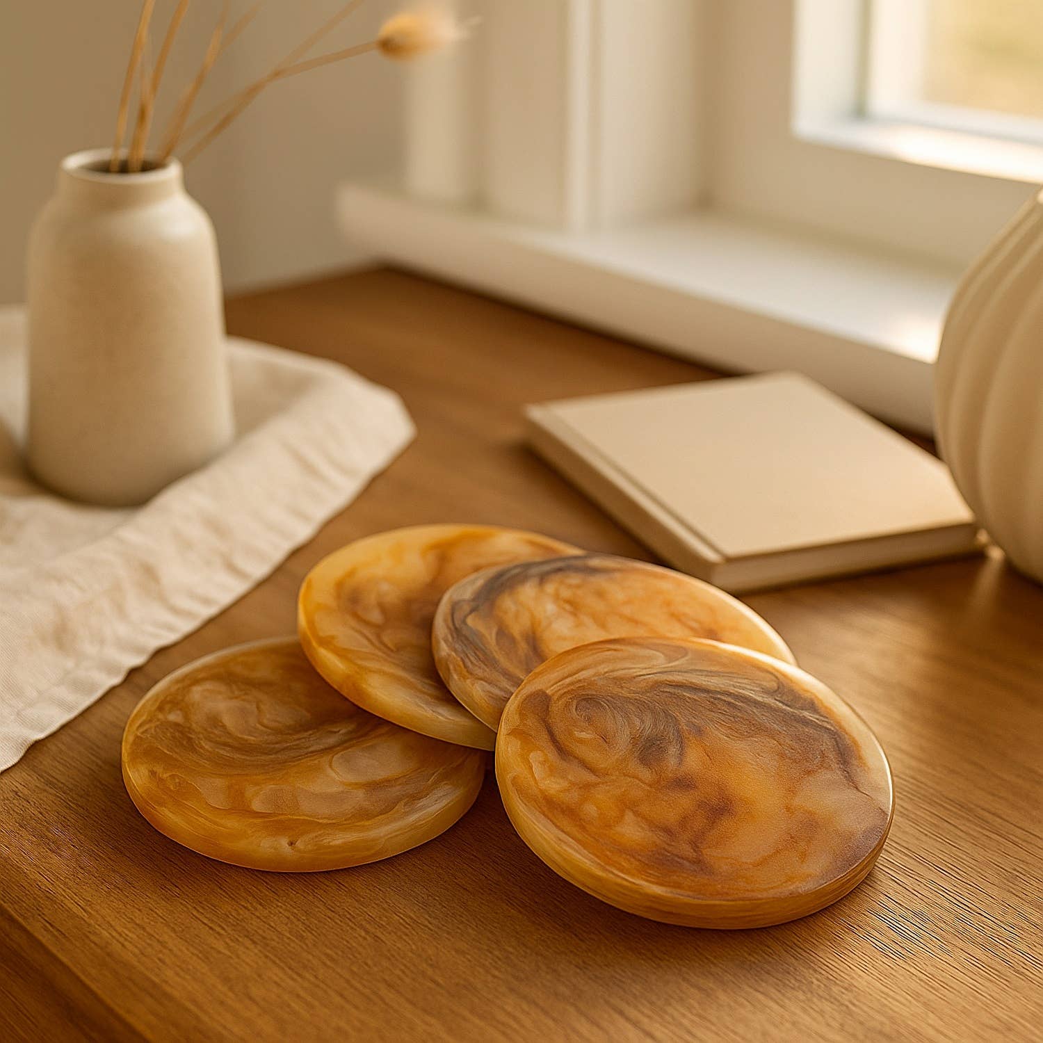 Set of 4 Tortoiseshell Round Coasters: Tortoiseshell / RESIN - Decor Addict, LLC