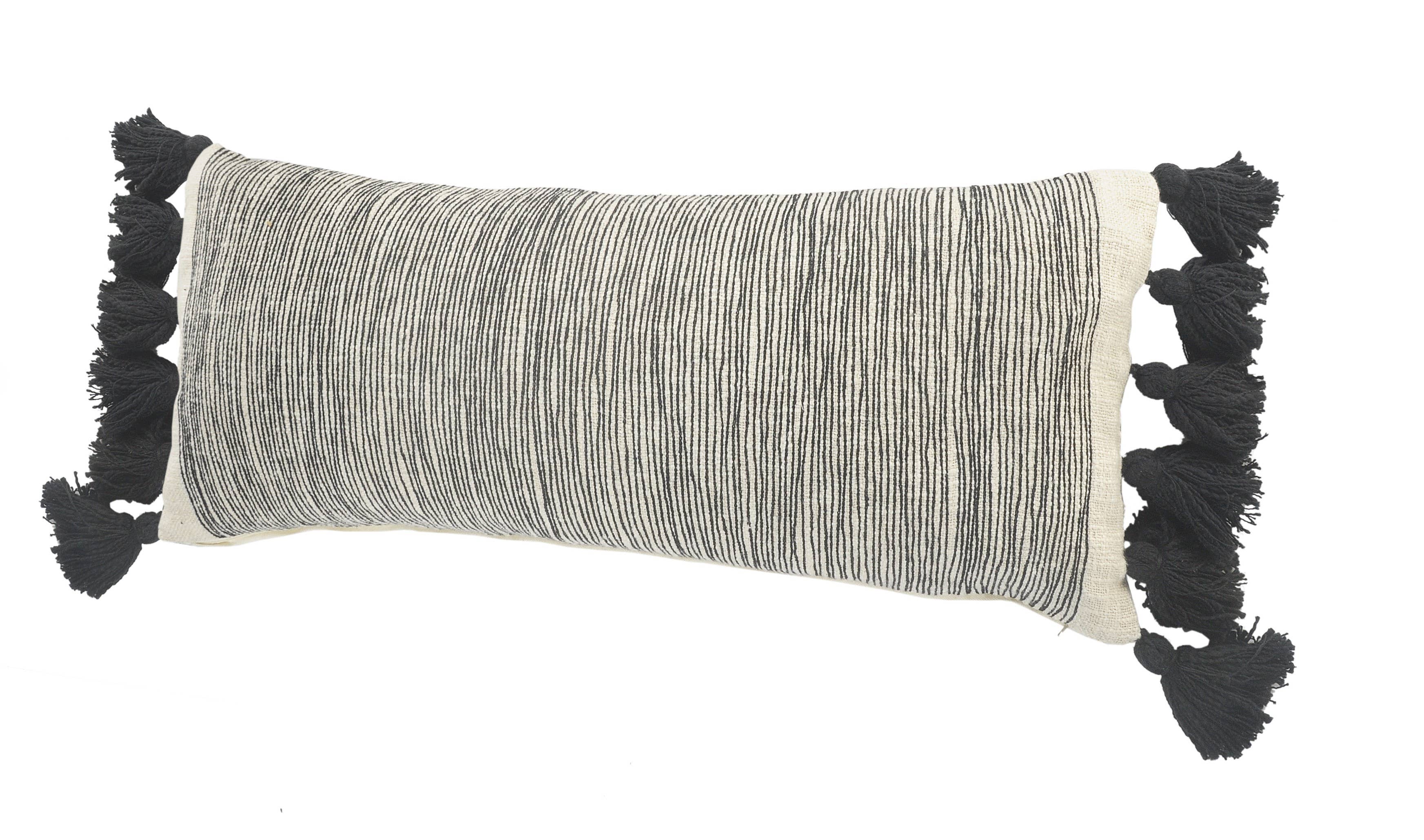 Distressed Gray and Black Fringe Pillow: Gray/Black/Ivory / Poly Filled - Decor Addict, LLC
