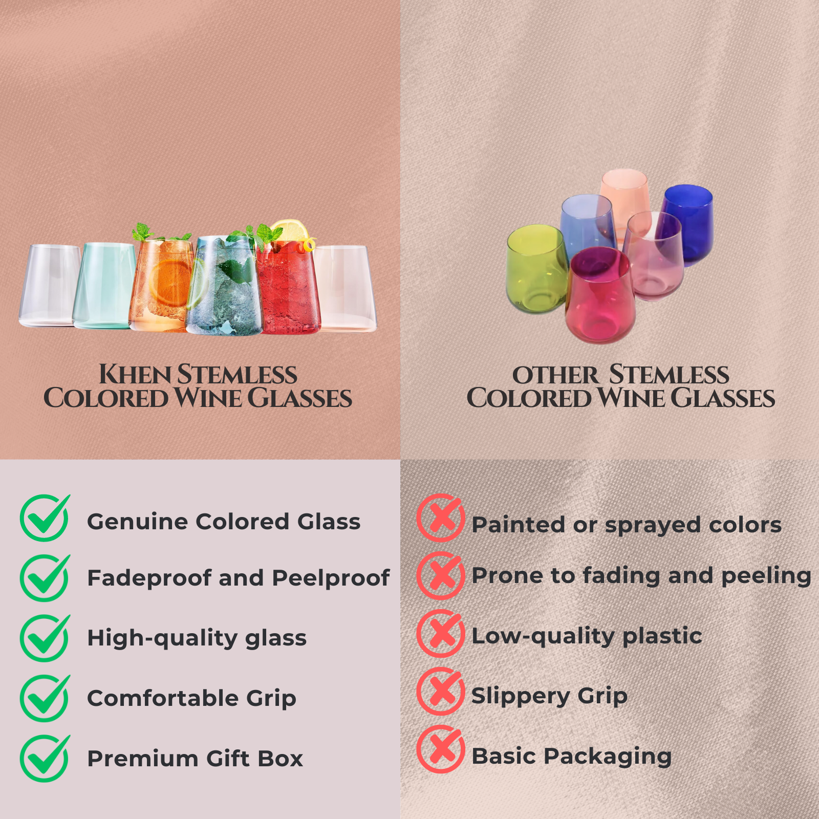 Stemless German Design Colored Wine Glass - Set of 6 13.5 OZ - Decor Addict, LLC