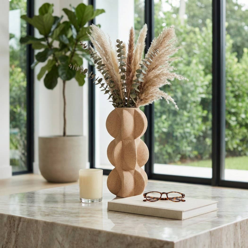 Decorative Vase - Tan Ceramic 3D Printed Textured, 11 in. - Decor Addict, LLC