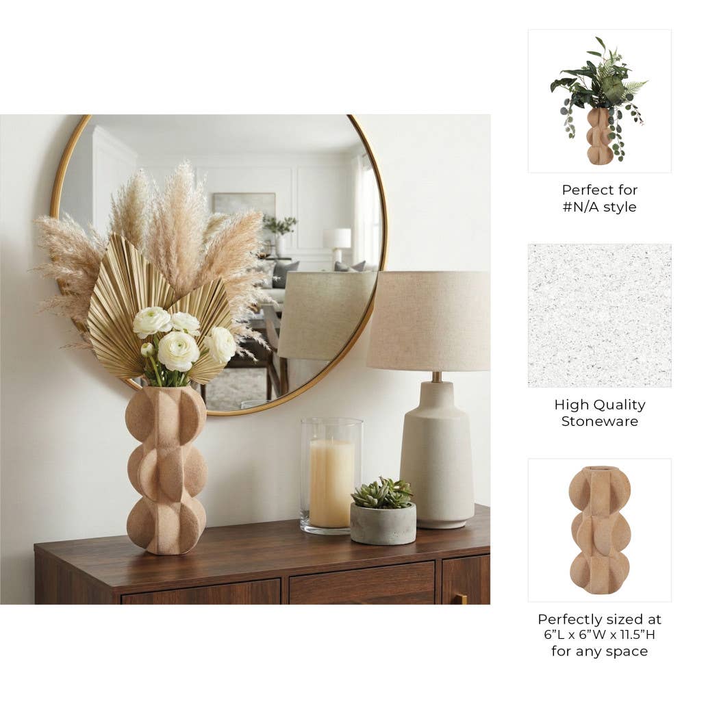 Decorative Vase - Tan Ceramic 3D Printed Textured, 11 in. - Decor Addict, LLC