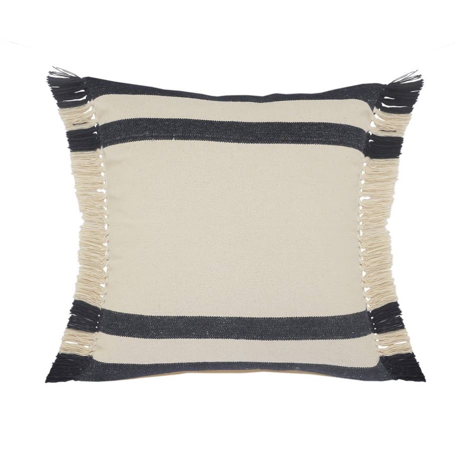 Double Blue Border Striped Throw Pillow with Fringe: Blue/White / 20" x 20" / Poly Filled - Decor Addict, LLC