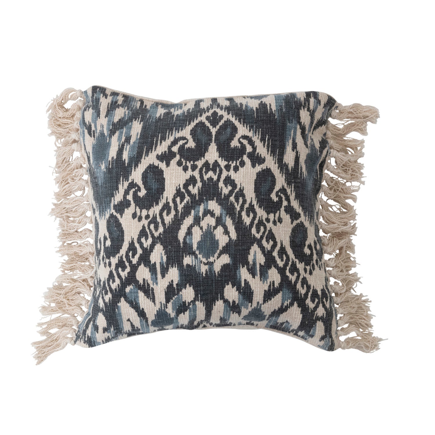 20" Stonewashed Woven Cotton Blend Pillow w/ Ikat Pattern & Fringe, Polyester Fill