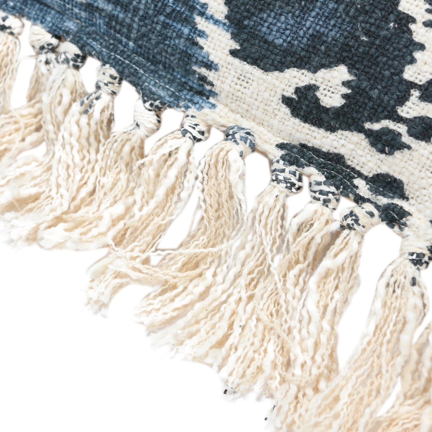 20" Stonewashed Woven Cotton Blend Pillow w/ Ikat Pattern & Fringe, Polyester Fill