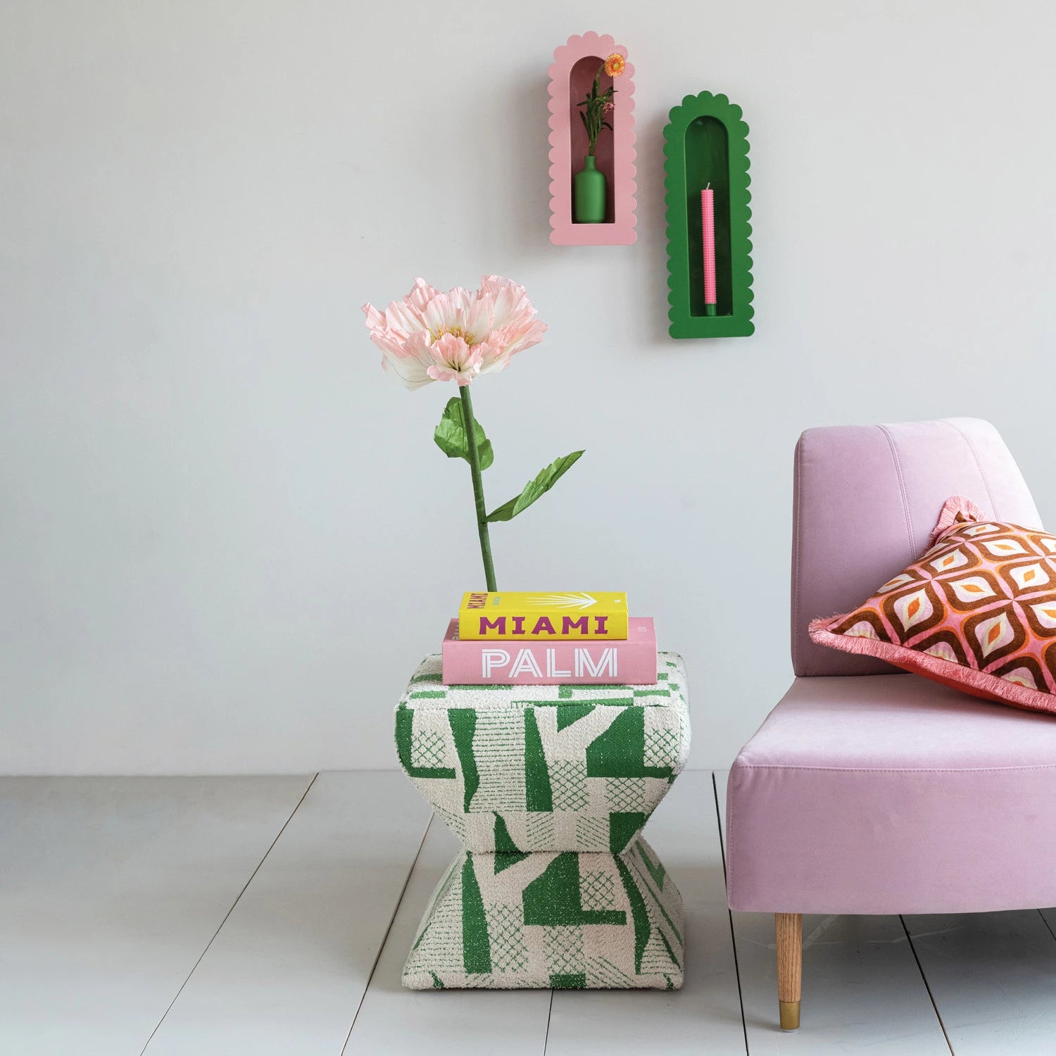 Mango Wood & Cotton Jacquard Upholstered Stool/Ottoman