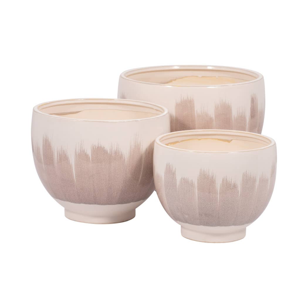 Planters Set of 3 - Tan Ceramic Round Design, 10/12/14 in. - Decor Addict, LLC