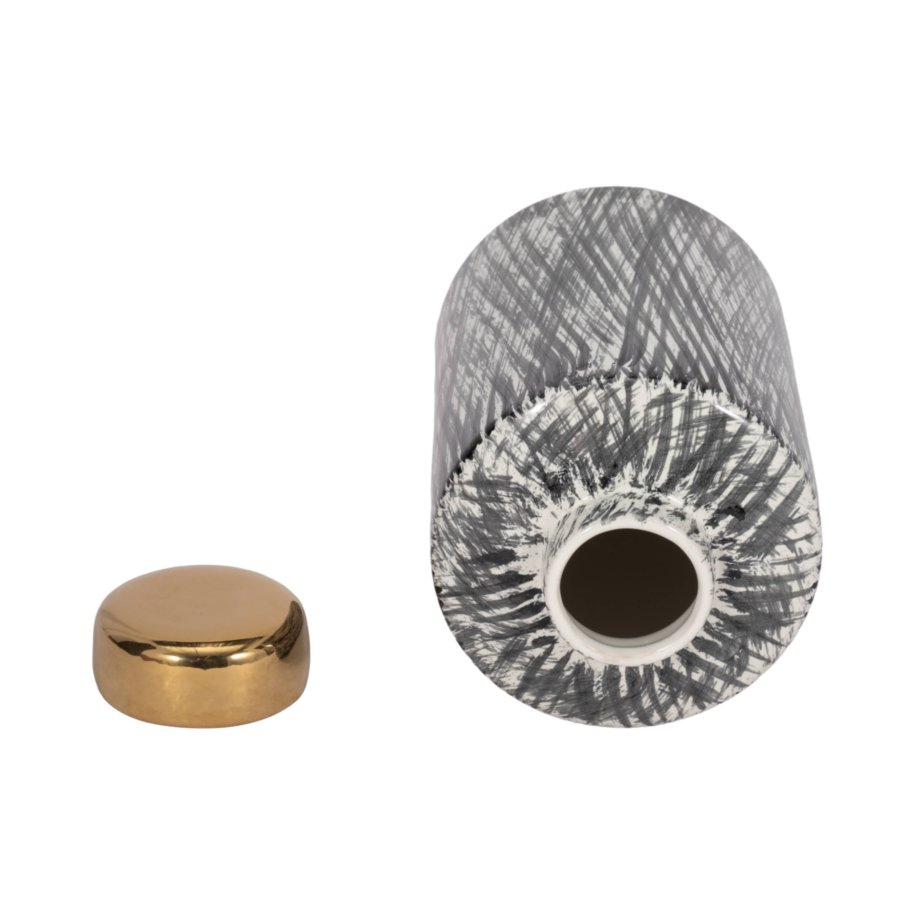 Black/White 10 in. Ceramic Novelty Cross Hatch Ginger Jar - Decor Addict, LLC