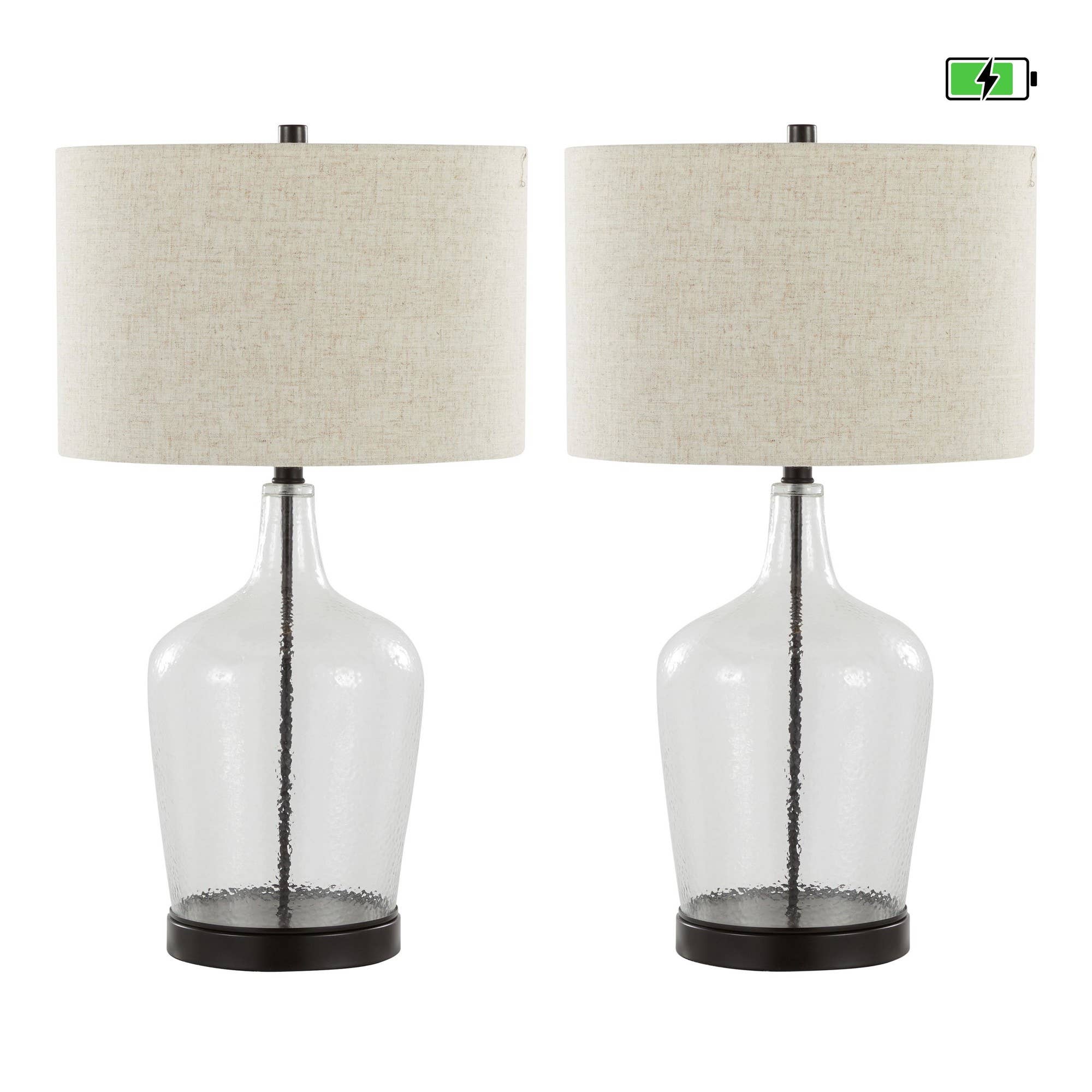 Botella 28" Glass Table Lamp with USB - Set of 2: Clear Dimpled Glass, Oil Bronze Metal, Natural Linen - Decor Addict, LLC