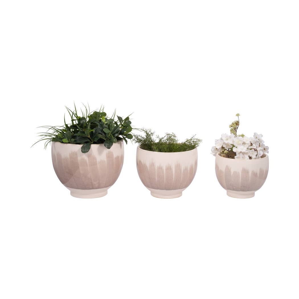 Planters Set of 3 - Tan Ceramic Round Design, 10/12/14 in. - Decor Addict, LLC
