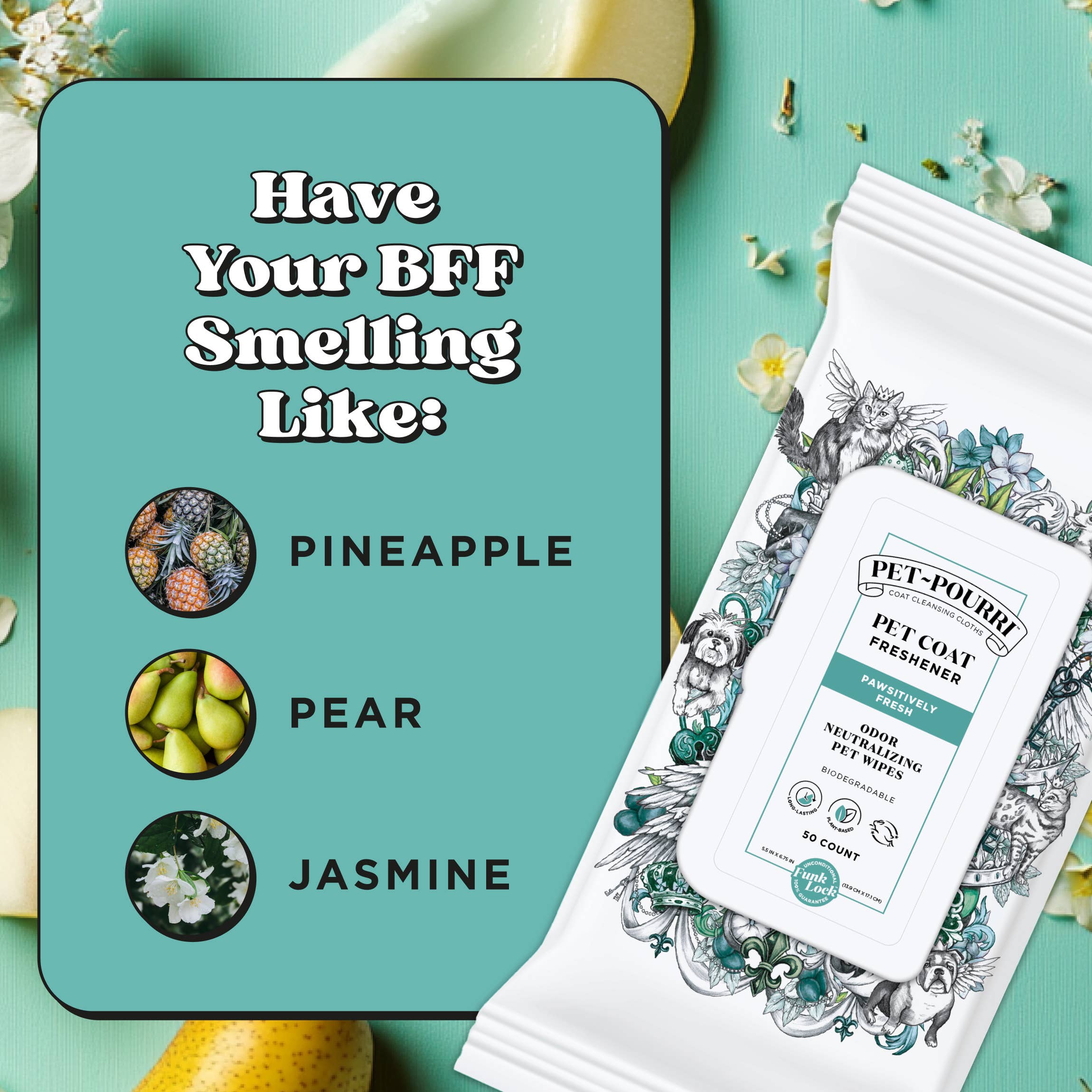 Pet~Pourri - Pet Coat Wipes - 50ct - Pawsitively Fresh Scent - Decor Addict, LLC