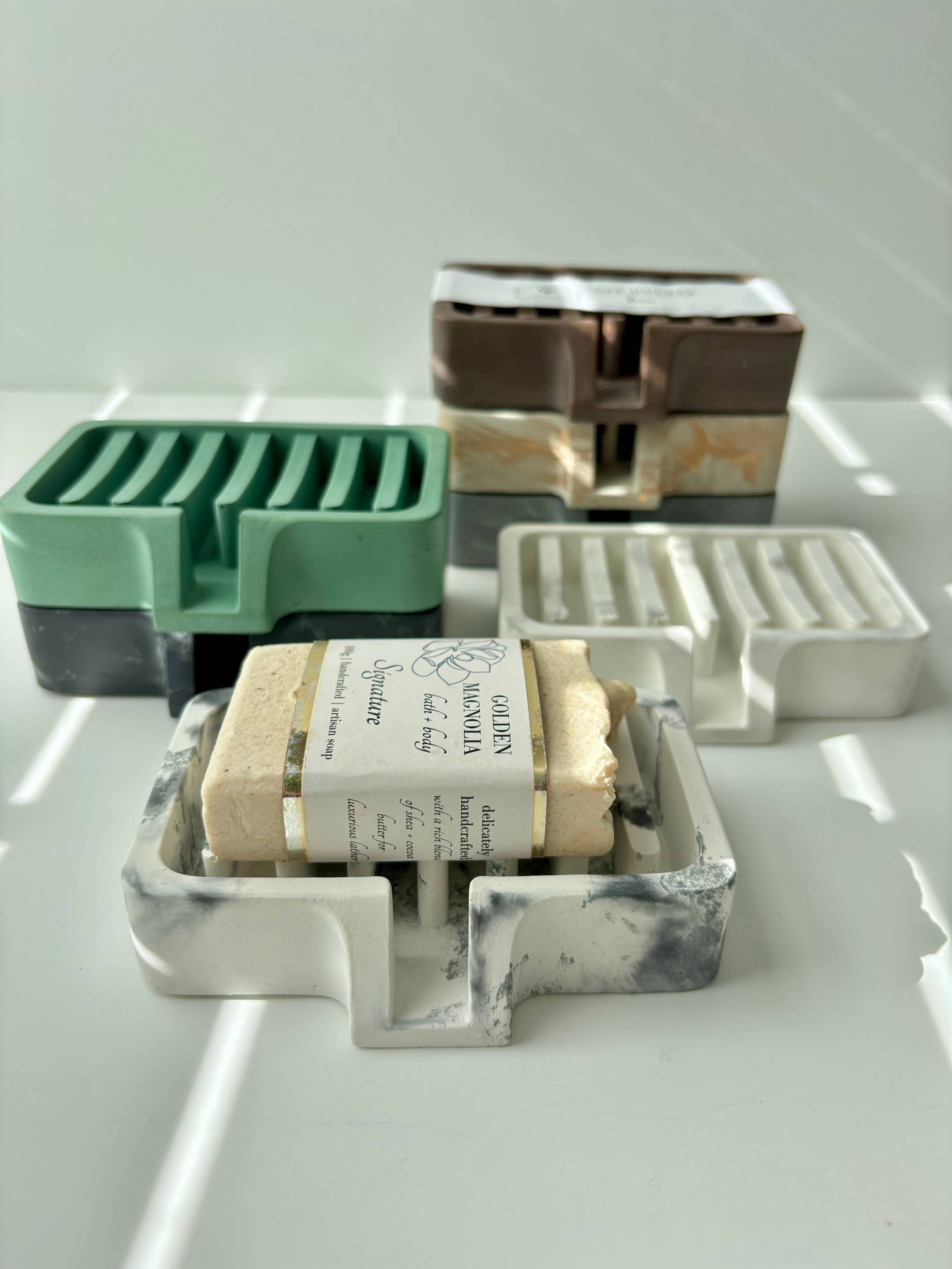 Soap Holder | Concrete Soap Dish: Light Gray & Gold - Decor Addict, LLC