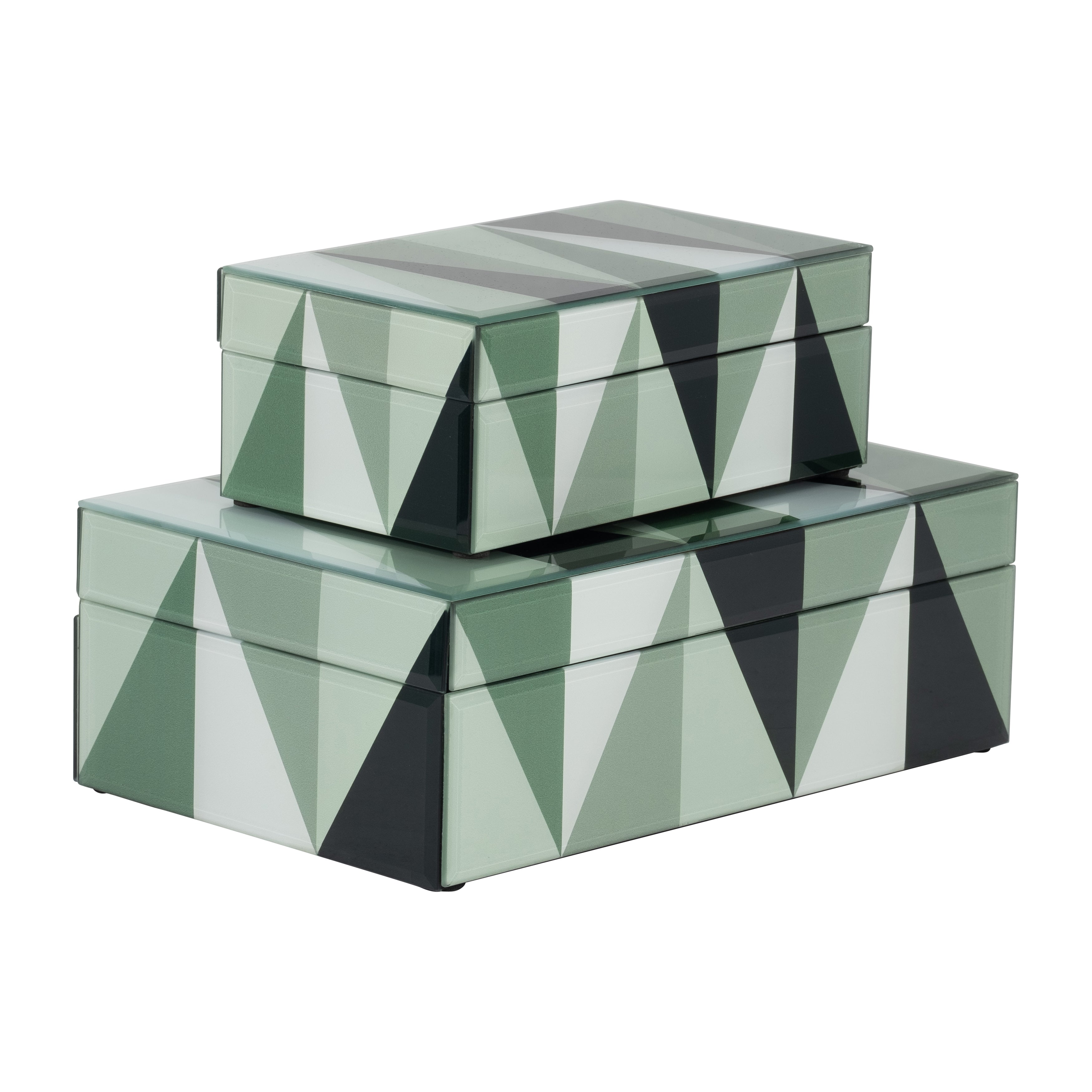 Glass, S/2 8/11" Triangles Boxes, Green/white - Decor Addict, LLC