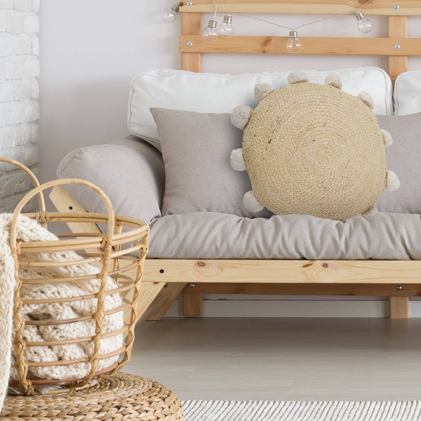 ound Natural Jute Pom Pom Throw Pillow LR - Decor Addict, LLC
