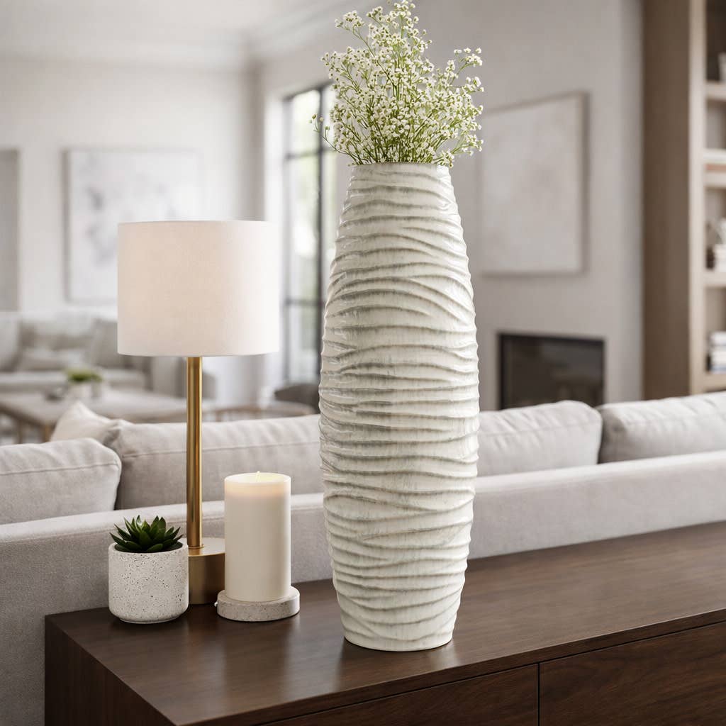 Decorative Vase - Gray Ceramic Ribbed Textured Design, 30 in - Decor Addict, LLC