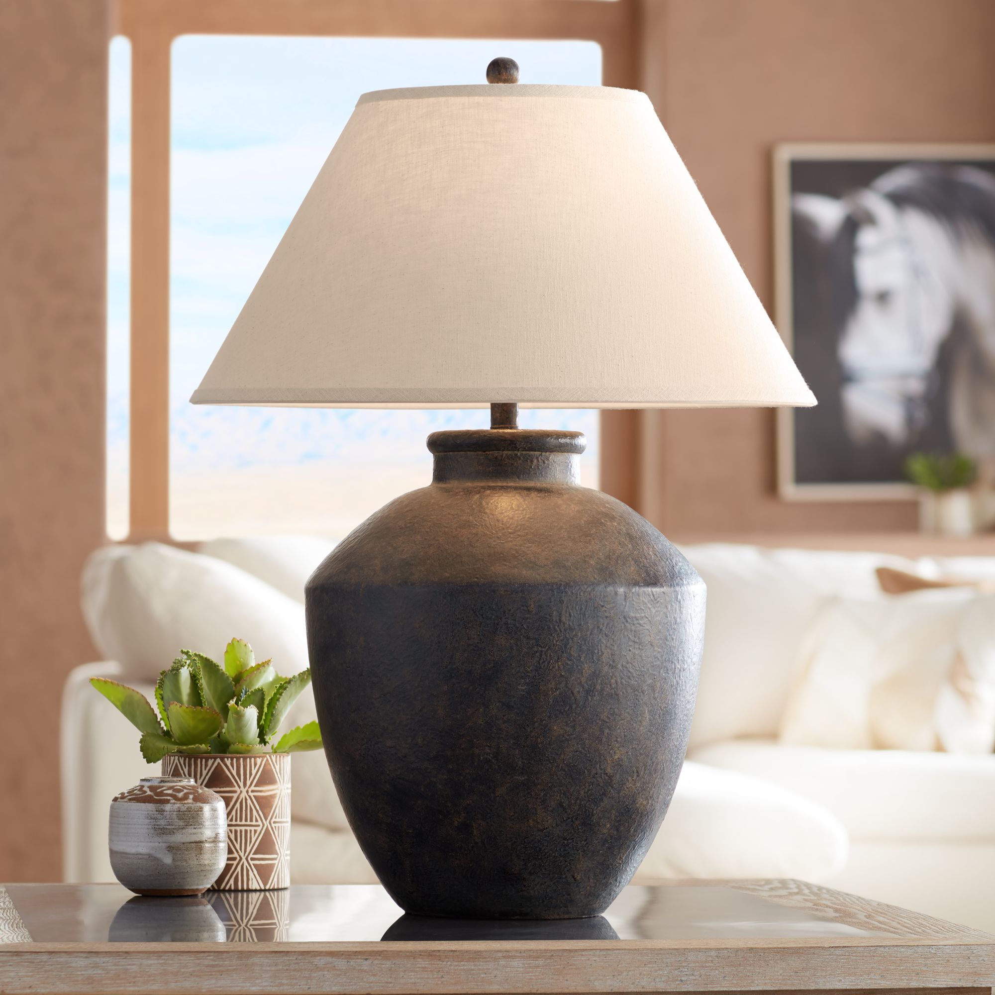 Franklin Iron Works Massa black terracotta jar table lamp with ivory linen shade