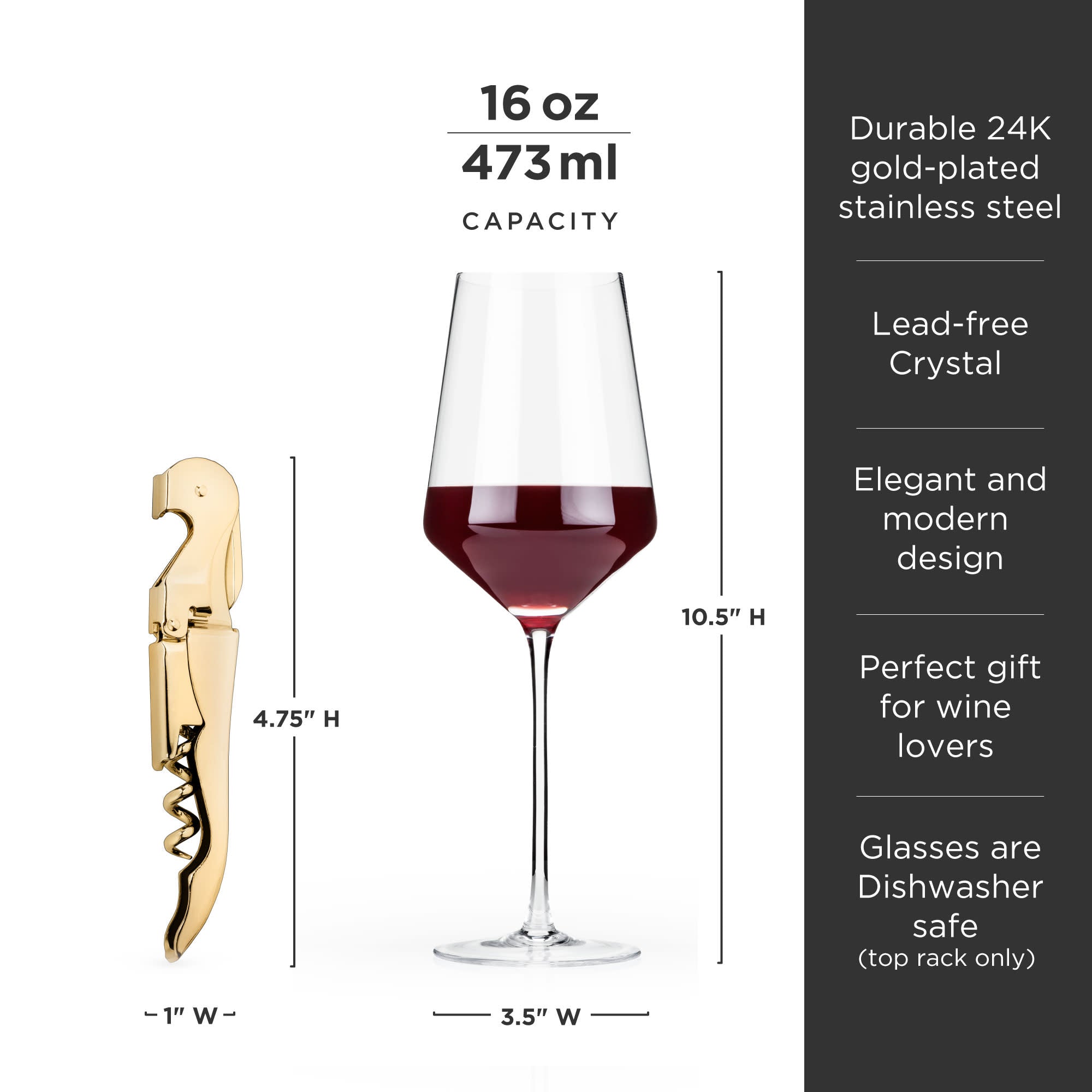Crystal Bordeaux Glasses & Gold Corkscrew Gift Box Set - Decor Addict, LLC