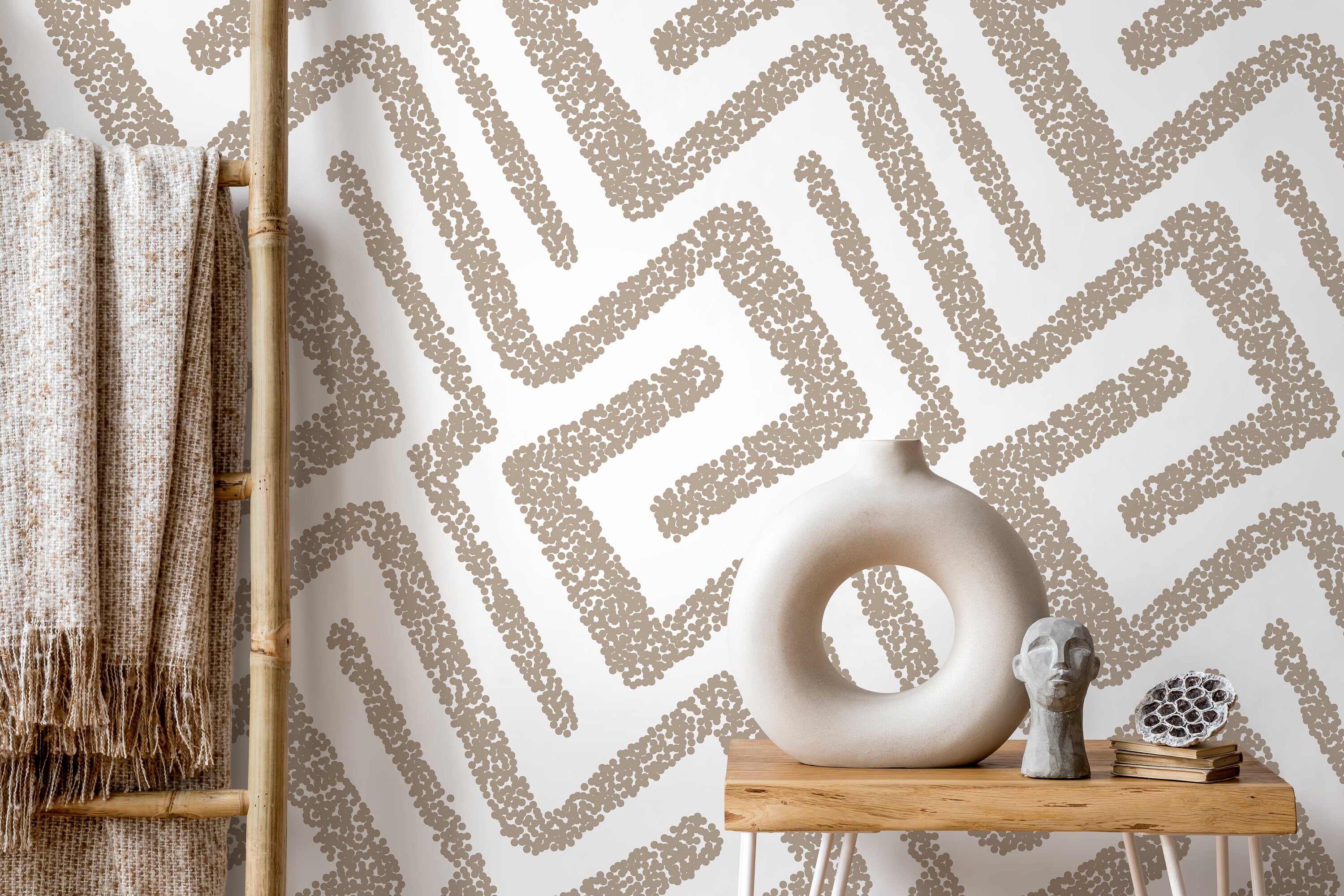 Abstract Wallpaper with a Dotted Labyrinth Motif in Beige - D045 - Decor Addict, LLC