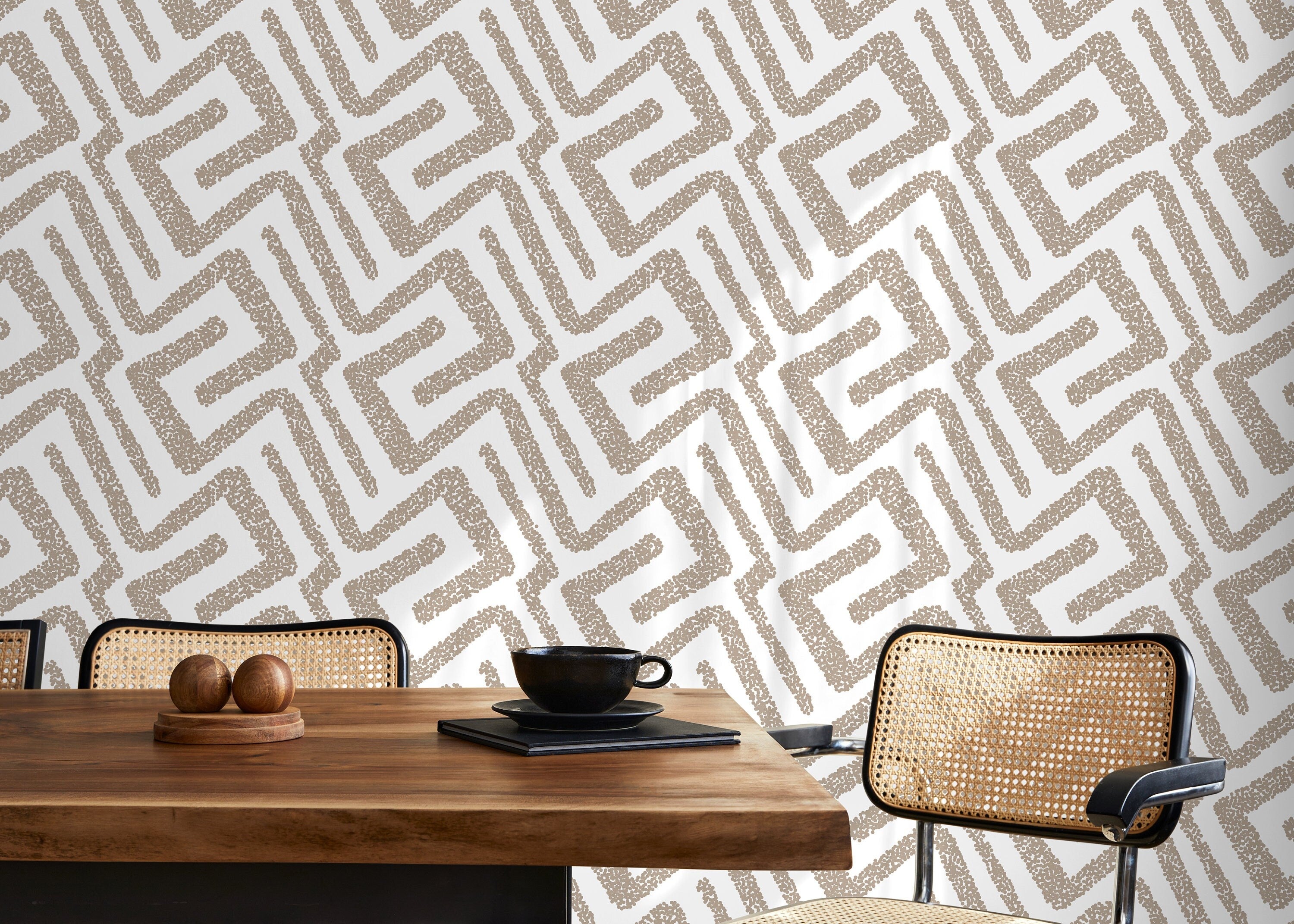 Abstract Wallpaper with a Dotted Labyrinth Motif in Beige - D045 - Decor Addict, LLC