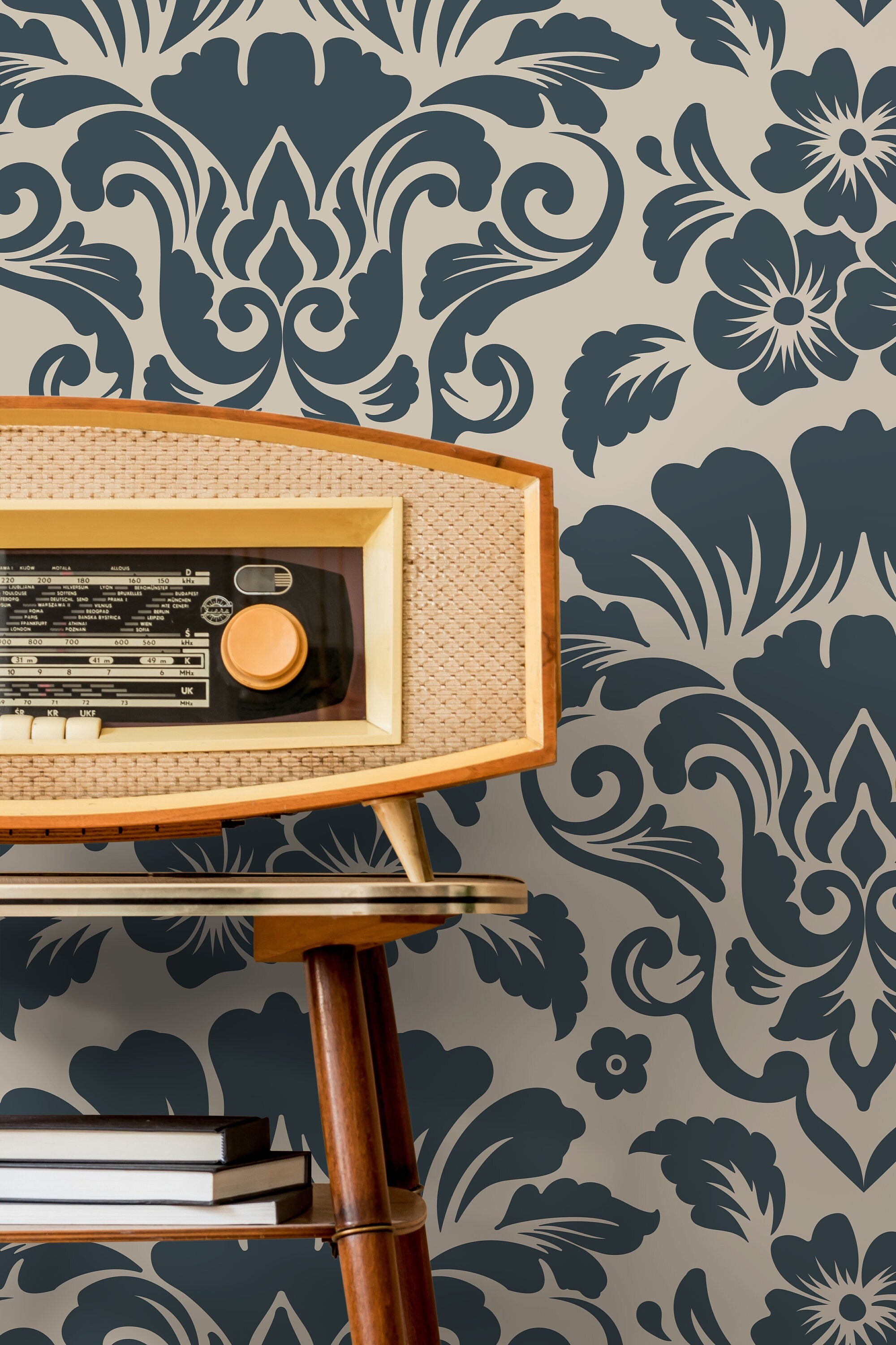 Damask Wallpaper with an Intricate Floral Motif in Navy and Beige - D217 - Decor Addict, LLC