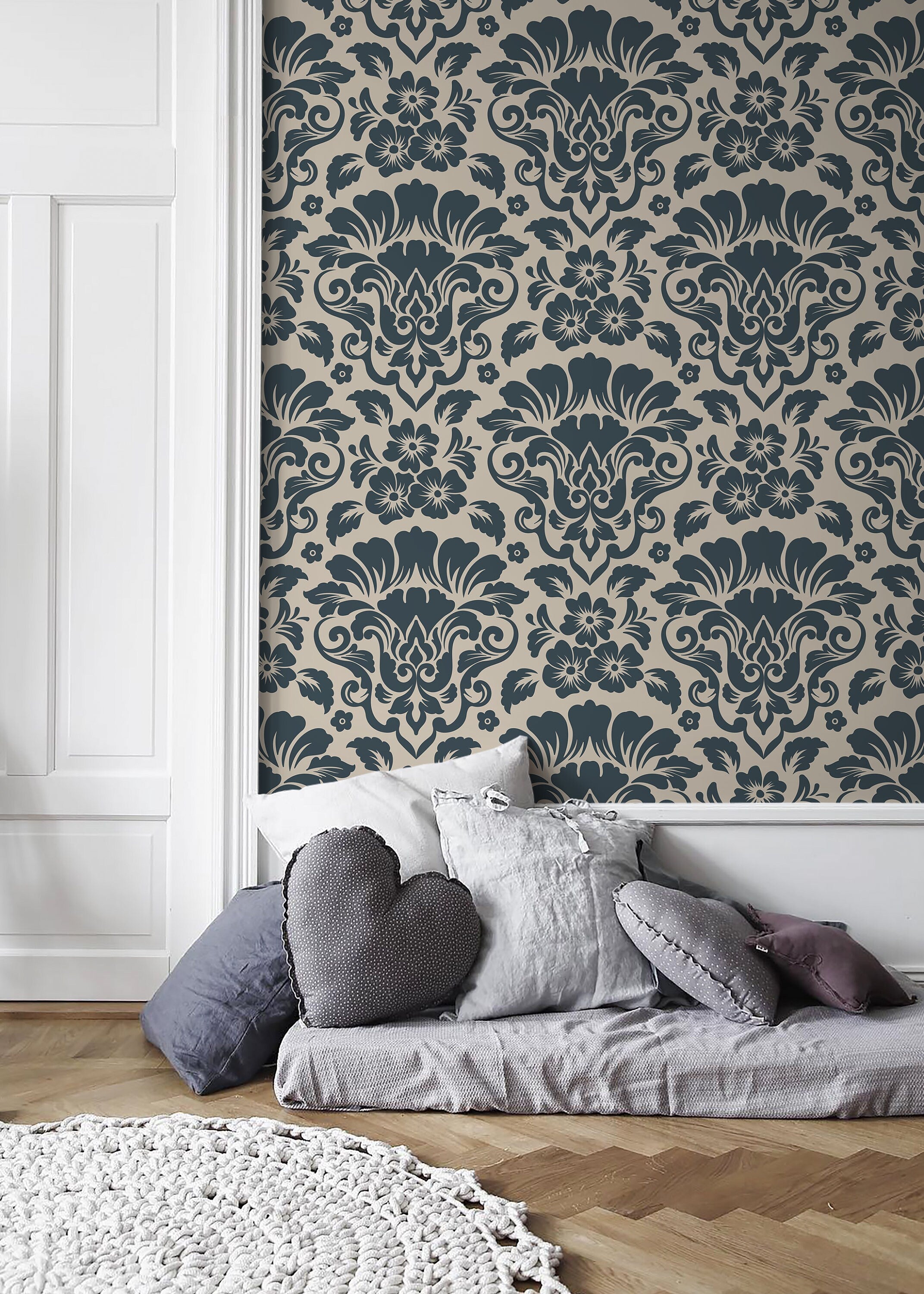 Damask Wallpaper with an Intricate Floral Motif in Navy and Beige - D217 - Decor Addict, LLC