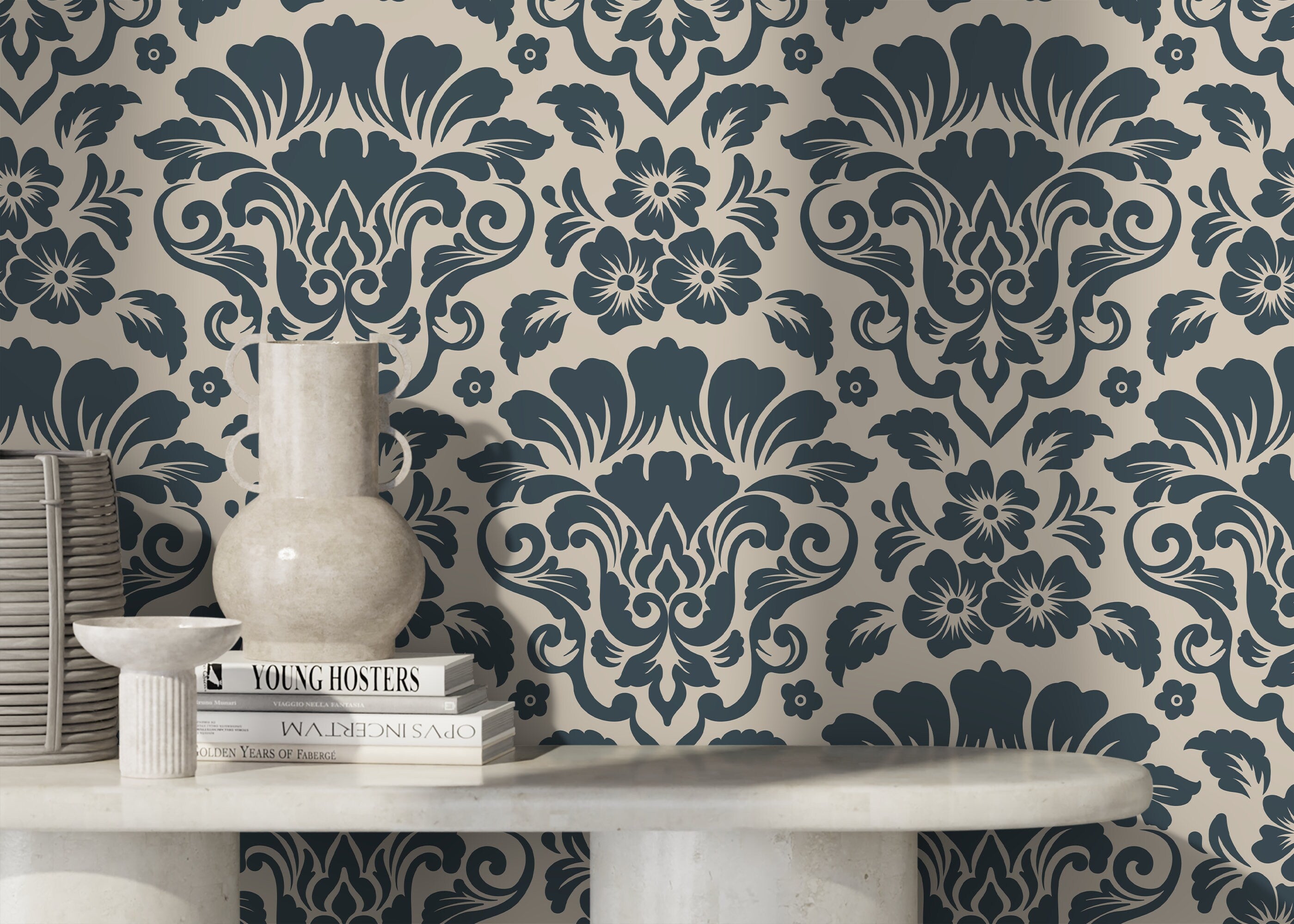 Damask Wallpaper with an Intricate Floral Motif in Navy and Beige - D217 - Decor Addict, LLC