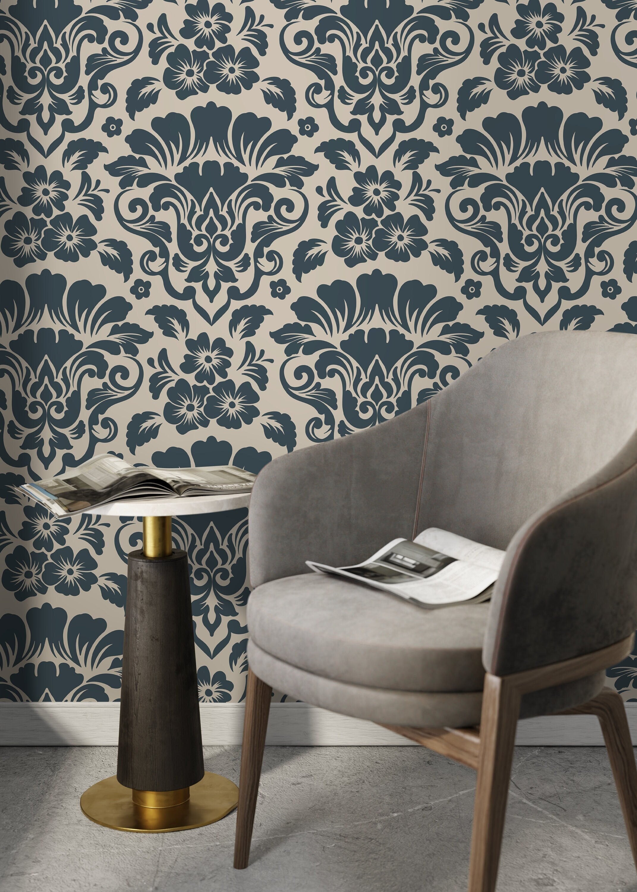 Damask Wallpaper with an Intricate Floral Motif in Navy and Beige - D217 - Decor Addict, LLC