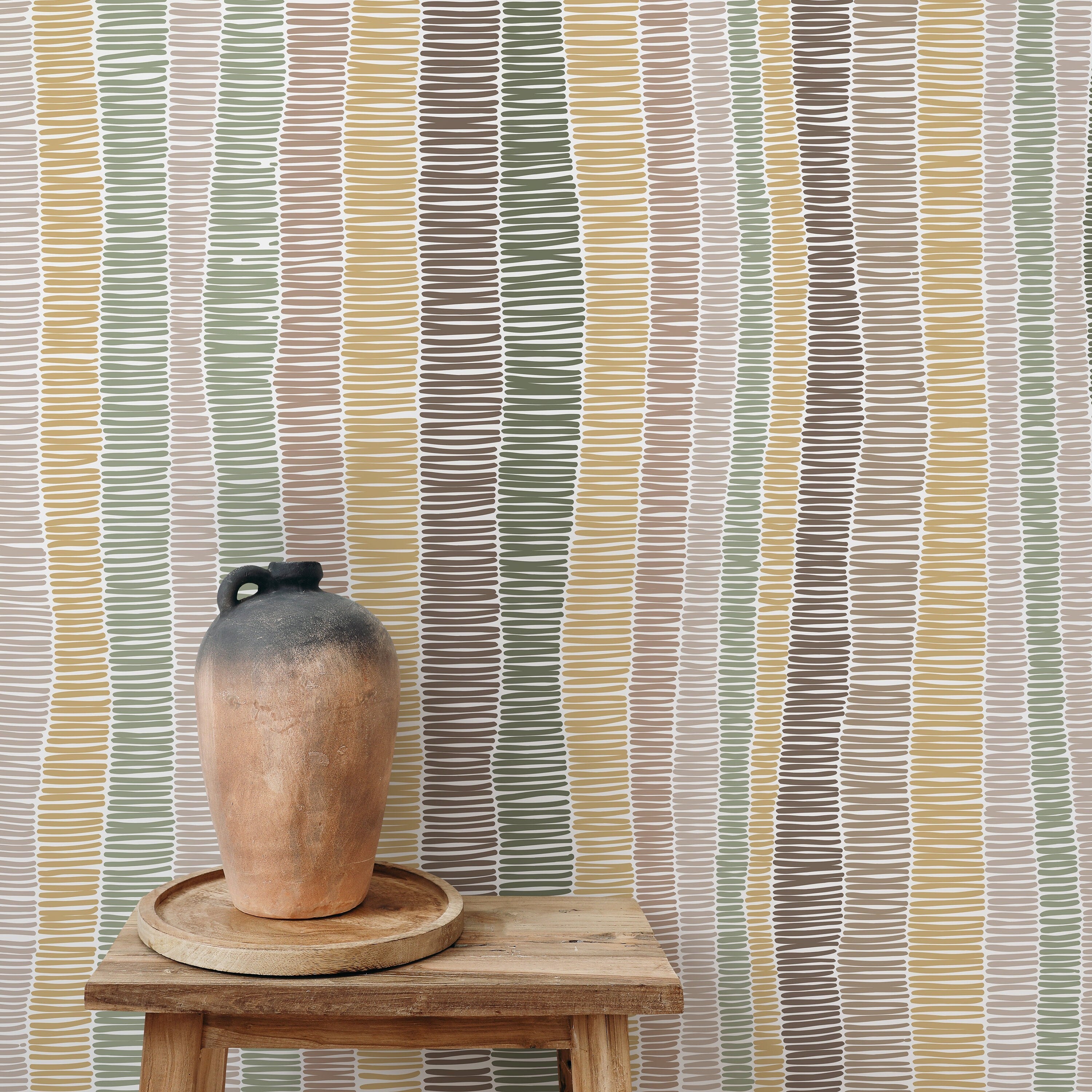 Abstract Wallpaper with Hand-Drawn Vertical Stripes in Green, Brown, and Yellow - D510 - Decor Addict, LLC
