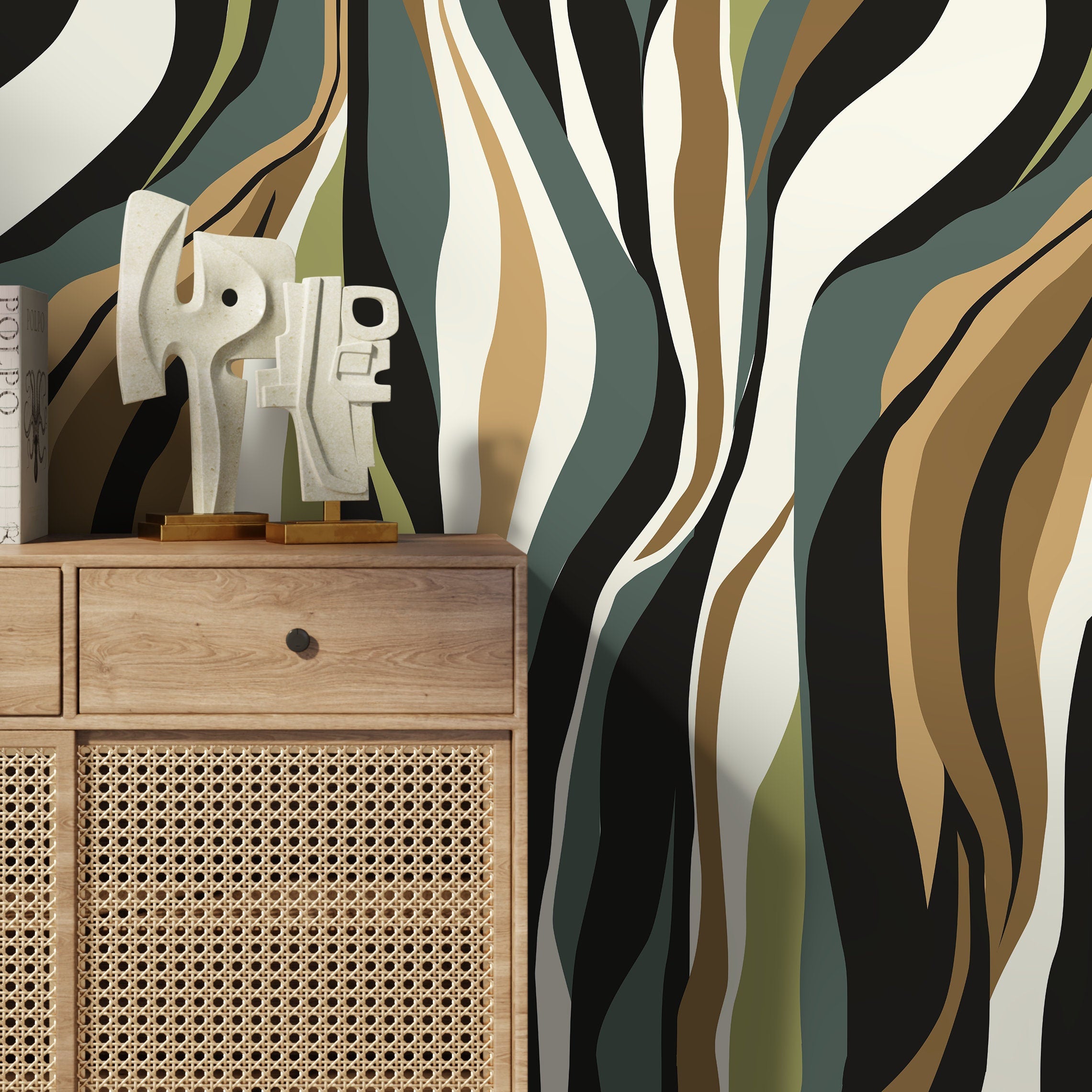 Abstract Wallpaper with a Flowing Wave Motif in Black, Green, and Brown - D613 - Decor Addict, LLC