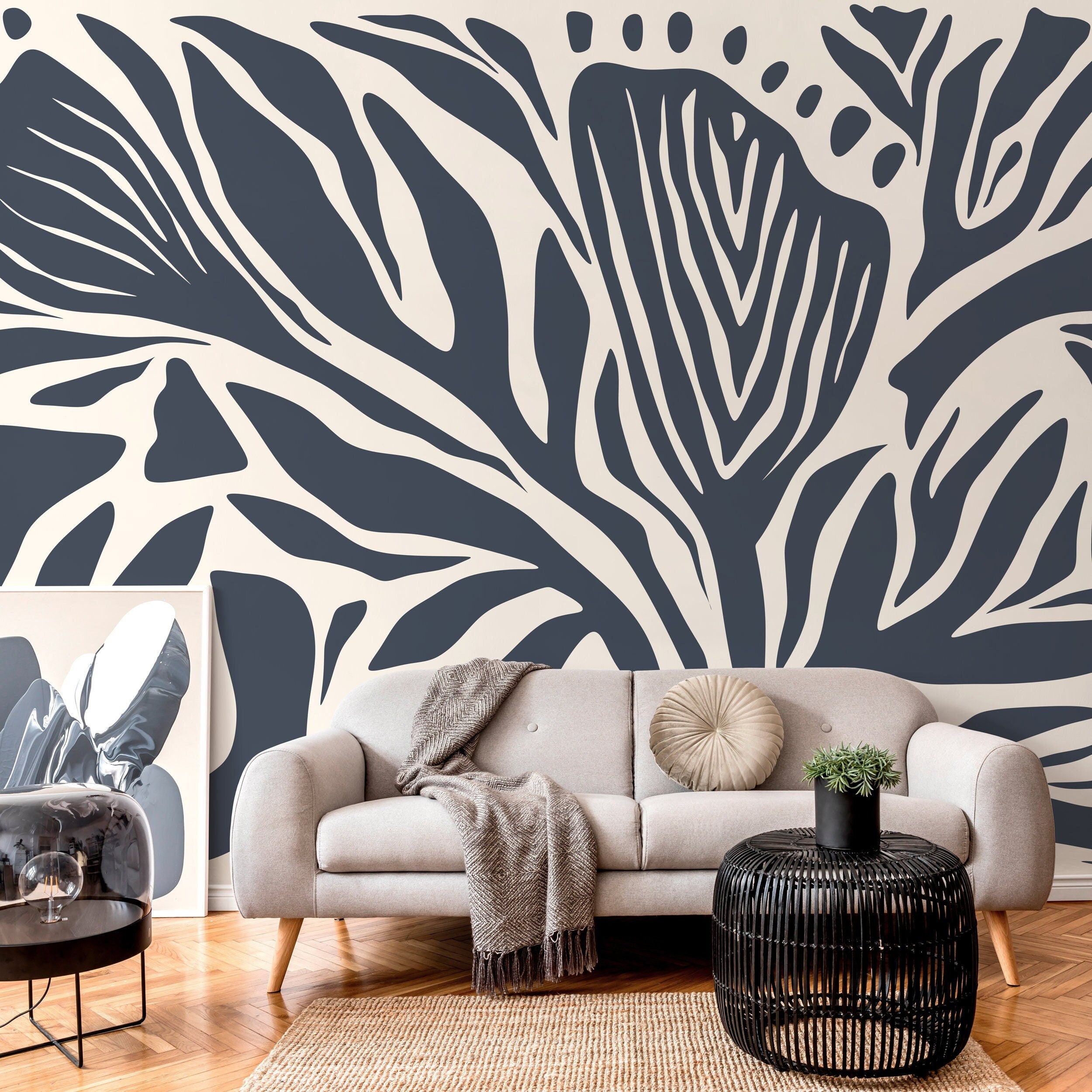 Abstract Wallpaper Featuring Bold Botanical Stripes in Gray Blue and Cream - D693 - Decor Addict, LLC