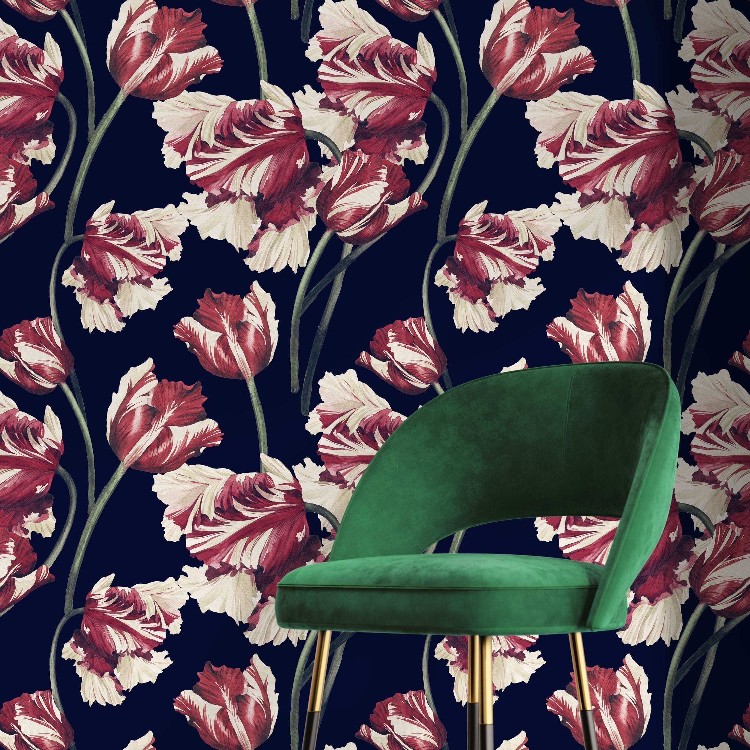 Floral Wallpaper Featuring Vintage Tulips in Red, Cream, and Navy Blue - D647 - Decor Addict, LLC